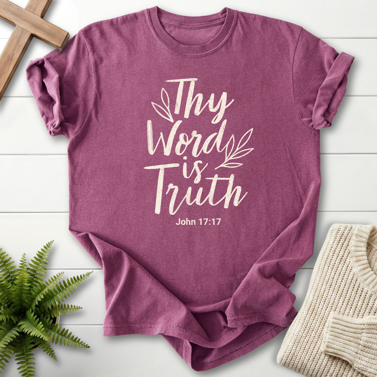 Berry Bible verse tee with flowing Thy Word Is Truth script and botanical leaf detail, by She Wears Faith, inspired by John 17:17.
