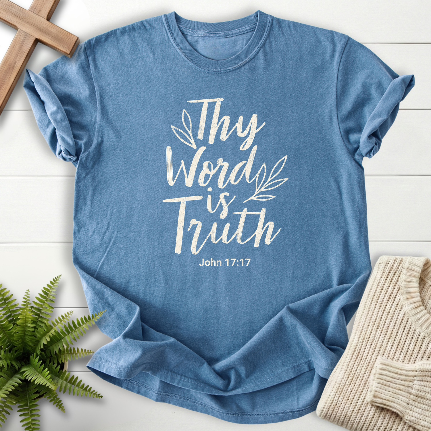 Blue Jean Christian t-shirt for women with Thy Word Is Truth cursive lettering and delicate leaf accents, inspired by John 17:17.