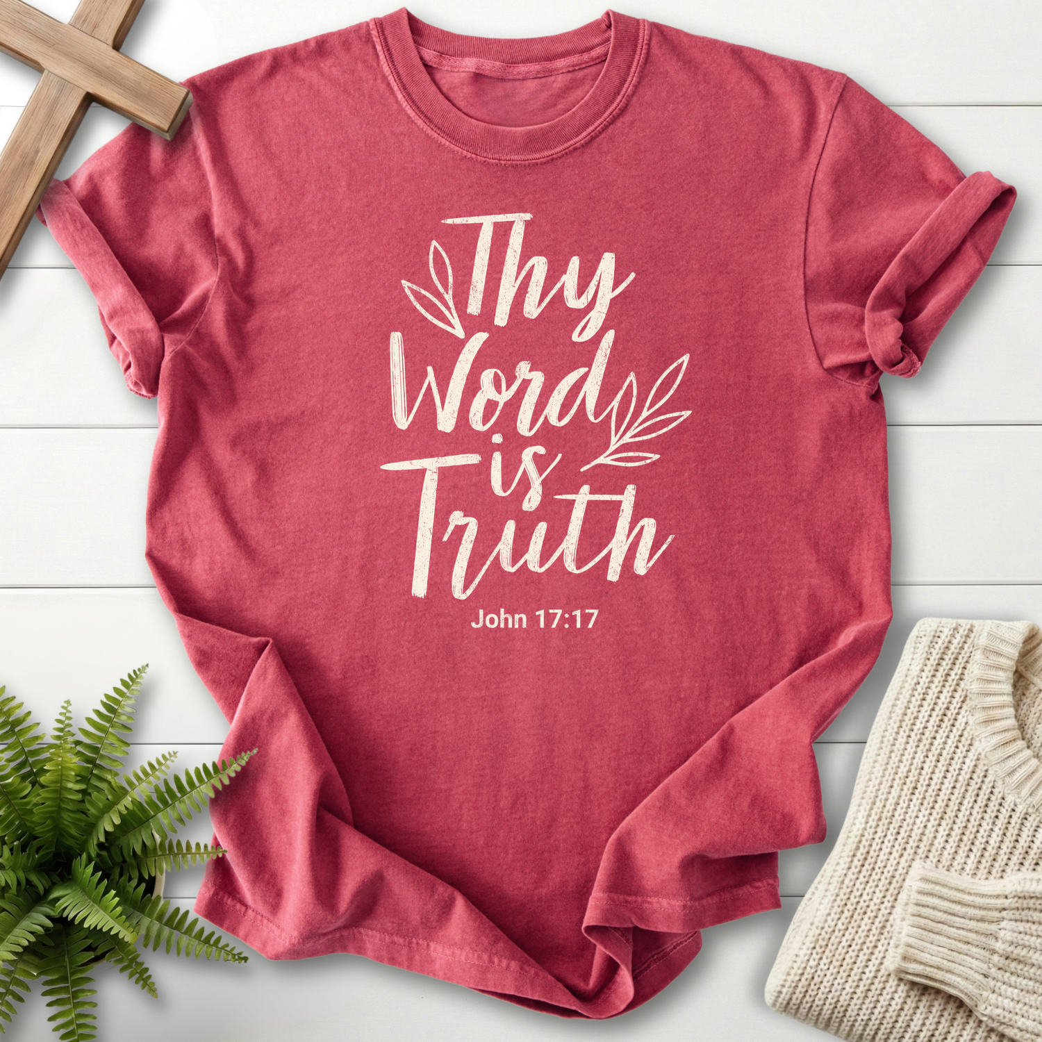 Crimson Christian t-shirt for women with flowing cursive Thy Word Is Truth lettering and leaf accents, inspired by John 17:17.