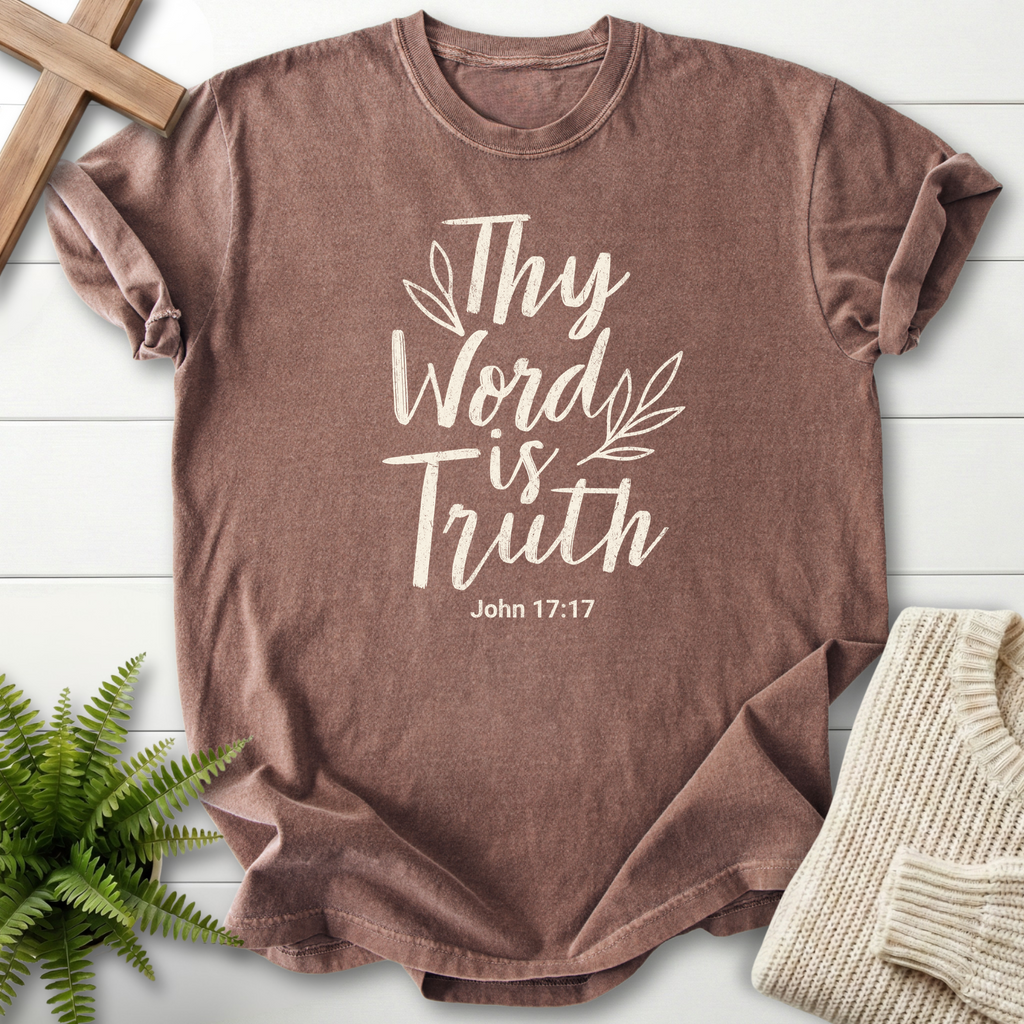 Espresso Christian t-shirt for women with cream Thy Word Is Truth cursive design and leaf branch accents, inspired by John 17:17.