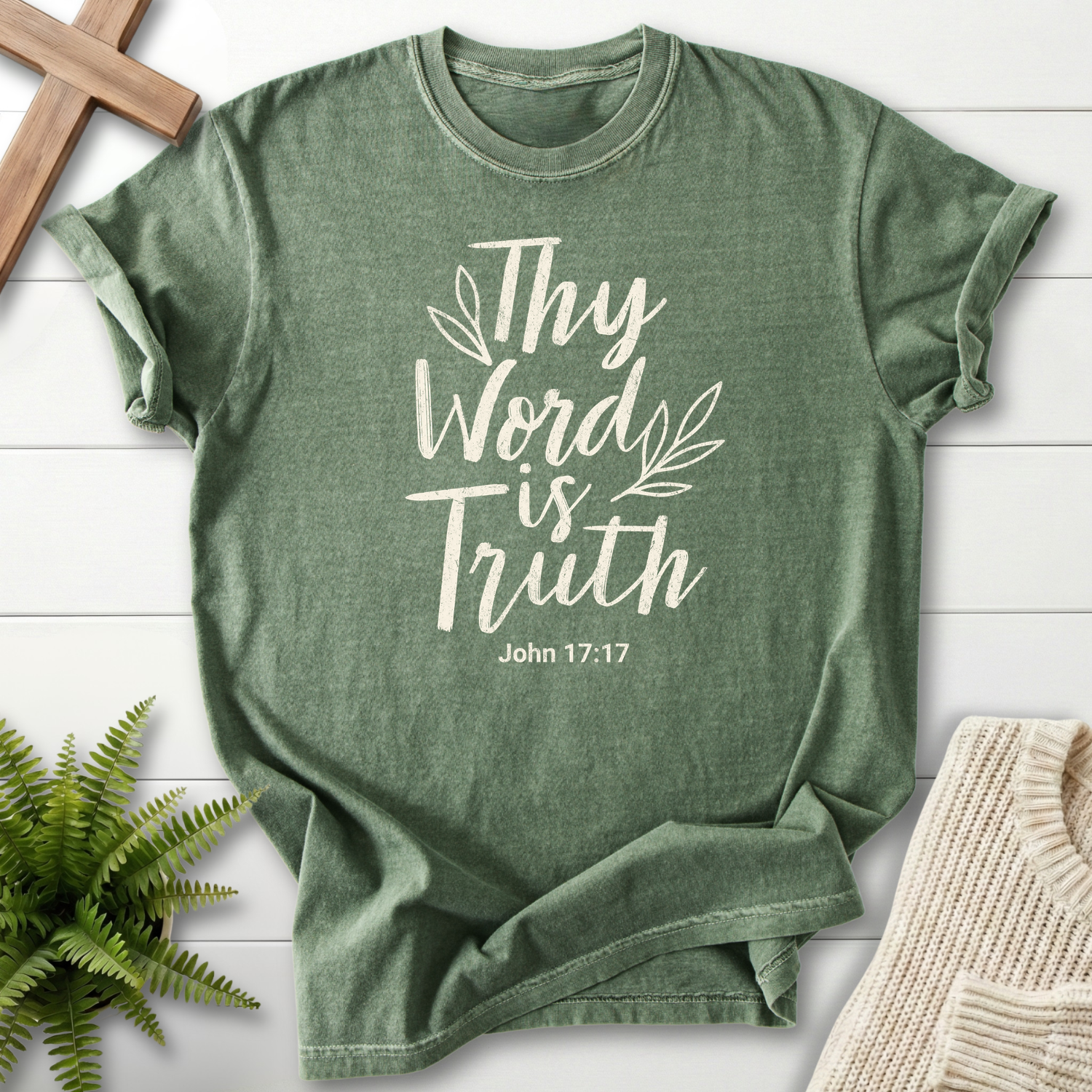 Moss faith-based tee with large cursive Thy Word Is Truth script and branch motifs, inspired by John 17:17.