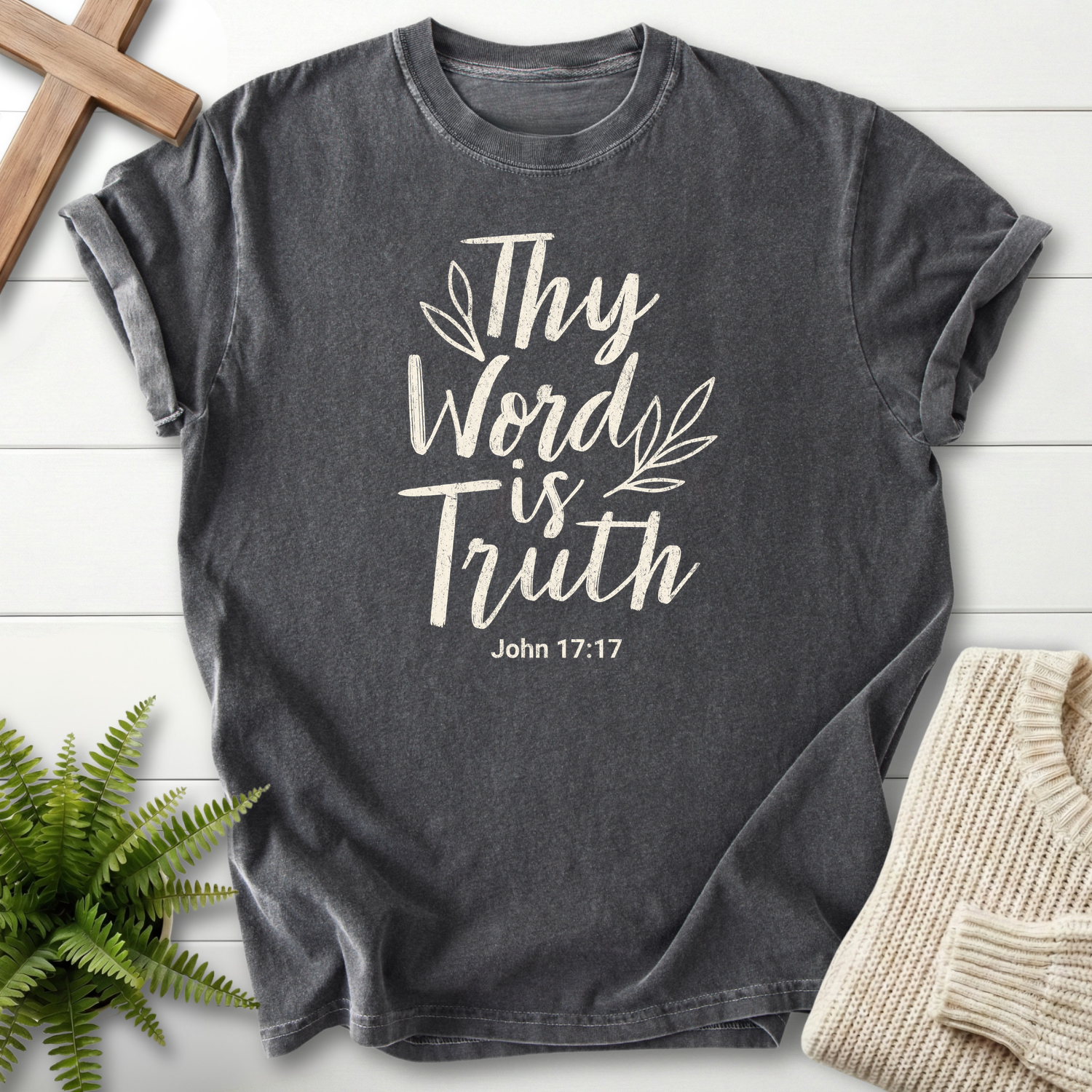 Pepper Christian t-shirt for women with large elegant cursive Thy Word Is Truth lettering, inspired by John 17:17.