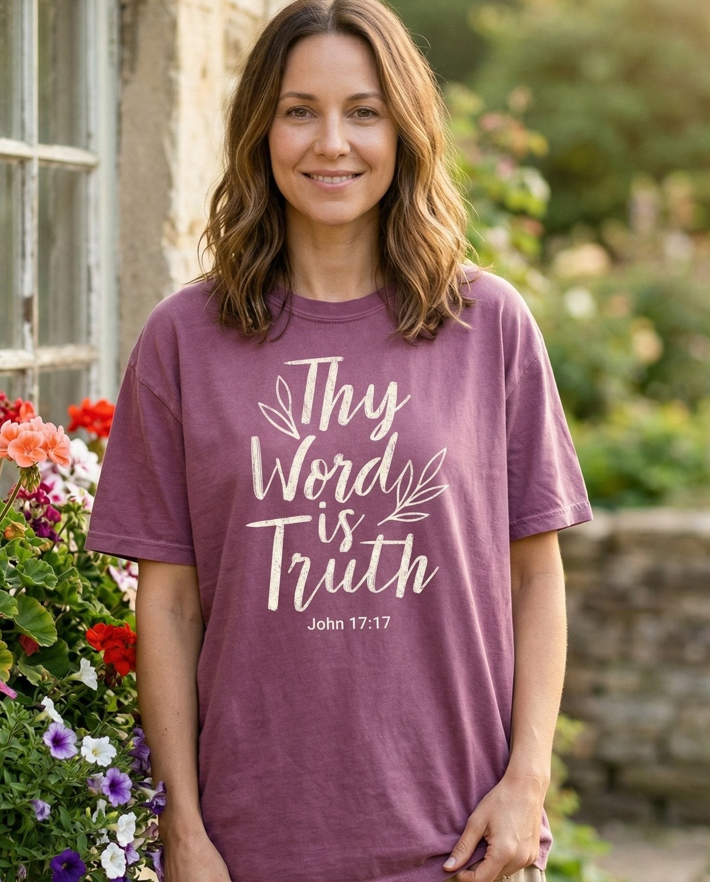 Thy Word is Truth – Berry women's Christian tee, lifestyle photo in cottage doorway – Large flowing cursive 'Thy Word is Truth' in cream lettering with smal – John 17:17 – She Wears Faith