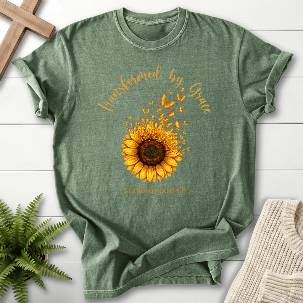 Moss Christian t-shirt for women with sunflower butterfly transformation illustration, inspired by 2 Corinthians 5:17.