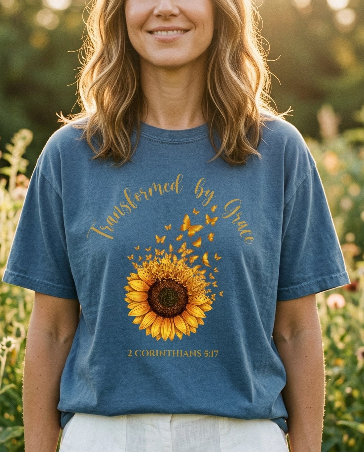 Transformed by Grace – Midnight women's Christian tee, lifestyle photo in outdoor garden – Large golden sunflower with butterflies lifting off the petals as if t – 2 Corinthians 5:17 – She Wears Faith