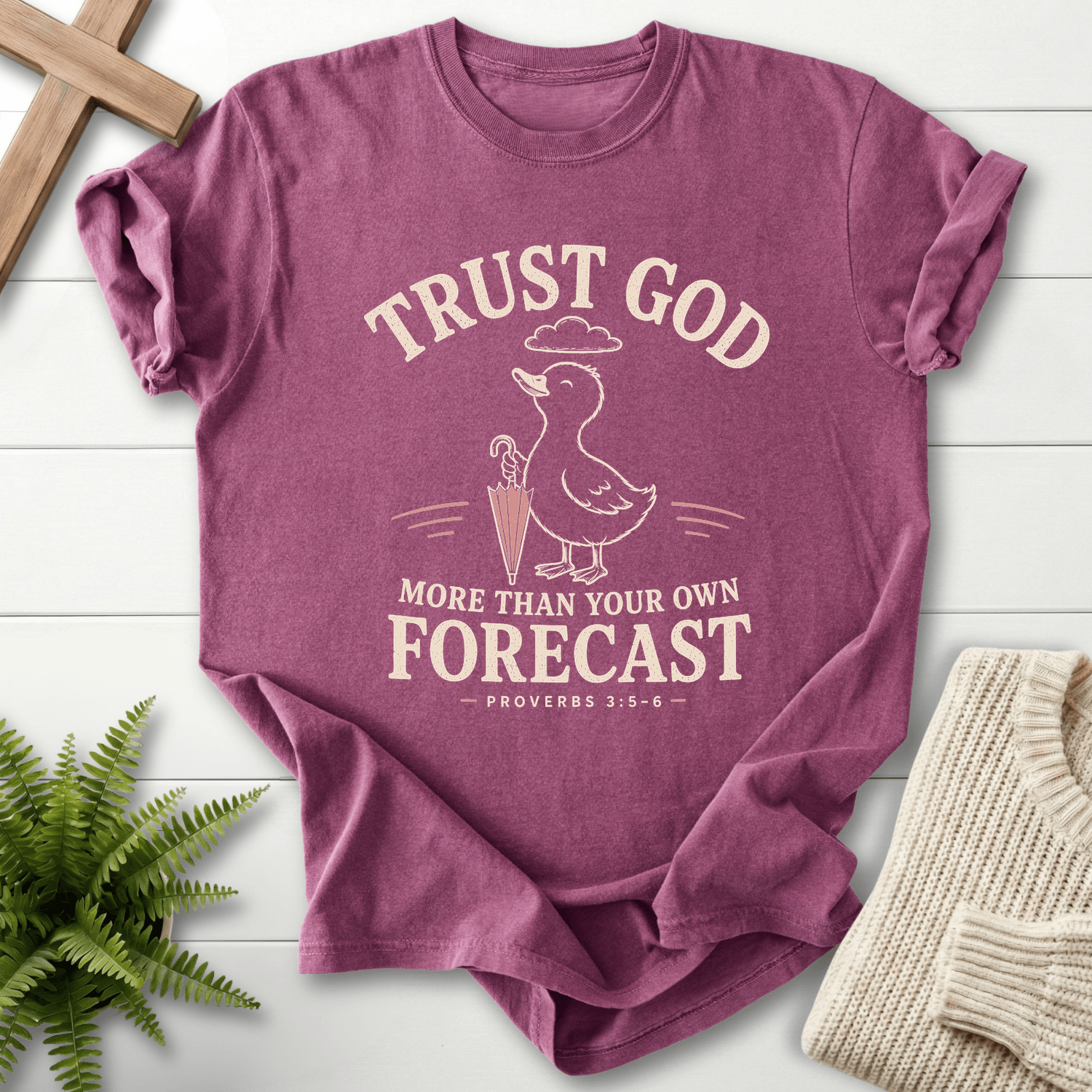 Trust God Duckling Prov 3 5 6 T-Shirt in Berry | She Wears Faith