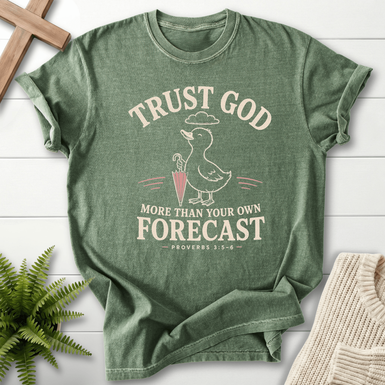 Trust God Duckling Prov 3 5 6 T-Shirt in Moss | She Wears Faith