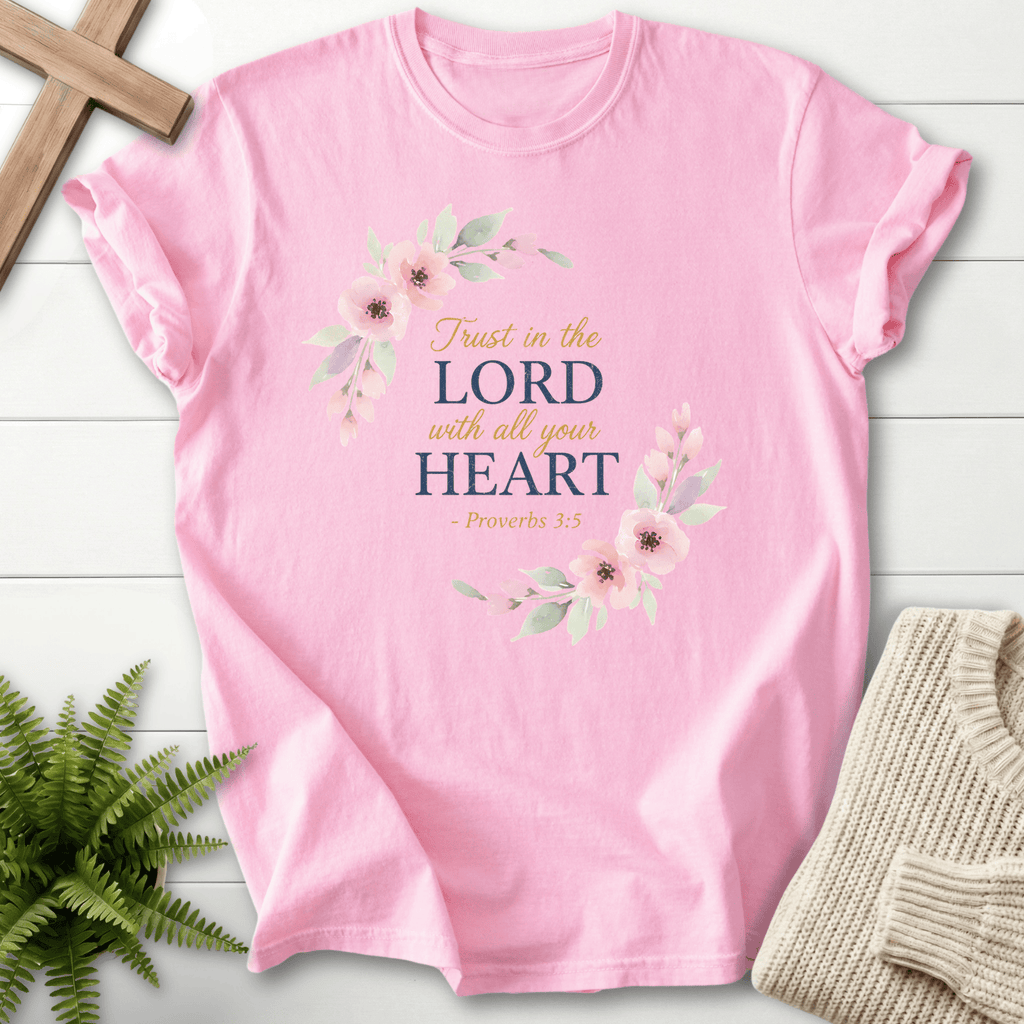 Blossom Christian t-shirt for women with a soft floral frame and Trust in the Lord With All Your Heart in navy and gold, inspired by Proverbs 3:5.