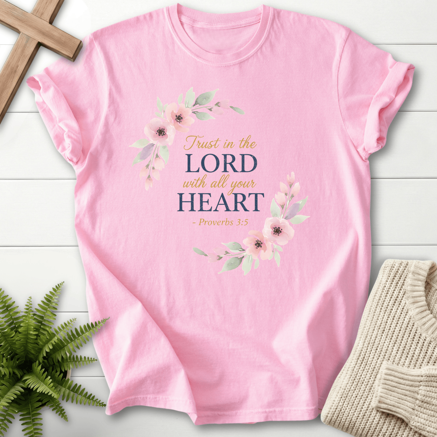Blossom Christian t-shirt for women with a soft floral frame and Trust in the Lord With All Your Heart in navy and gold, inspired by Proverbs 3:5.