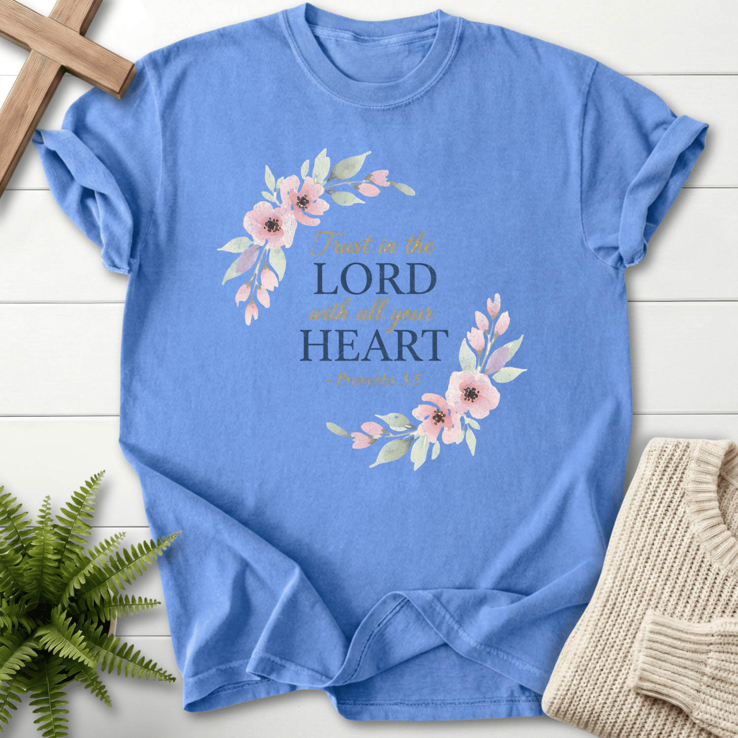 Mystic Blue Christian t-shirt for women with a delicate floral wreath and Trust in the Lord lettering, inspired by Proverbs 3:5.