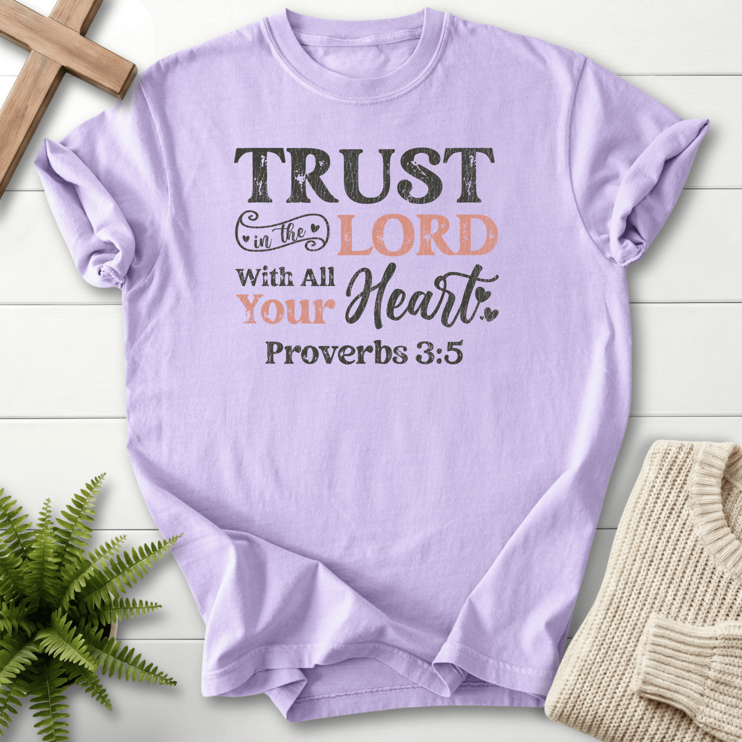 Orchid faith-based tee with mixed coral and black Trust in the Lord With All Your Heart lettering, Comfort Colors 1717, inspired by Proverbs 3:5.
