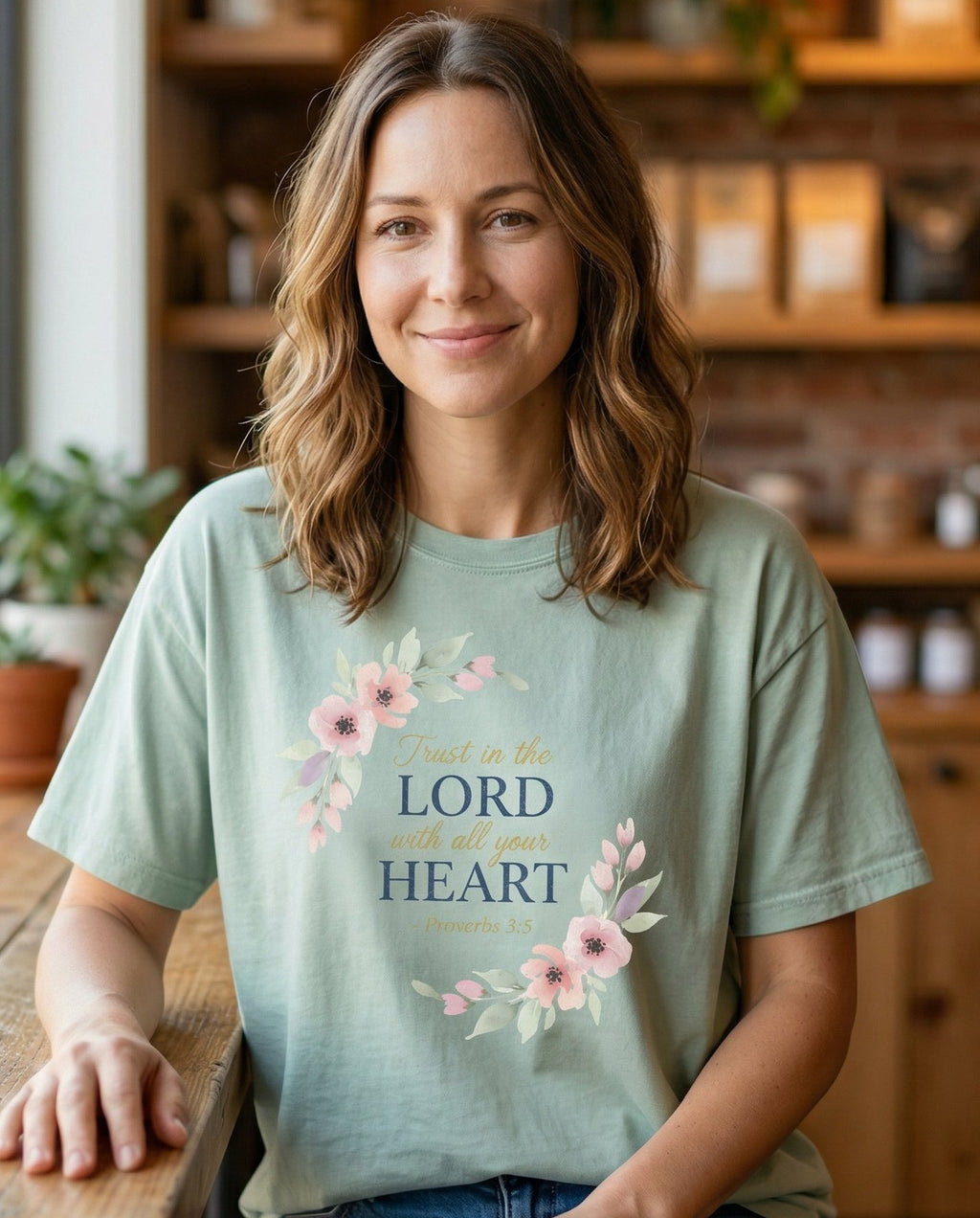 Trust in the Lord – Bay women's Christian tee, lifestyle photo in cozy café – Elegant floral wreath design with soft pink flowers and sage green lea – Proverbs 3:5 – She Wears Faith