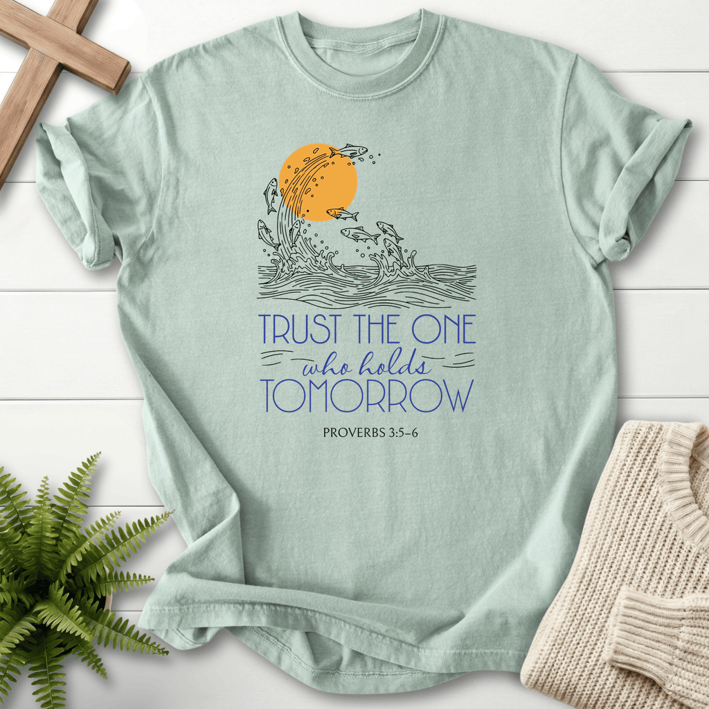 Bay Christian t-shirt for women with fish and a golden sun illustration and Trust the One who holds Tomorrow, inspired by Proverbs 3:5-6.