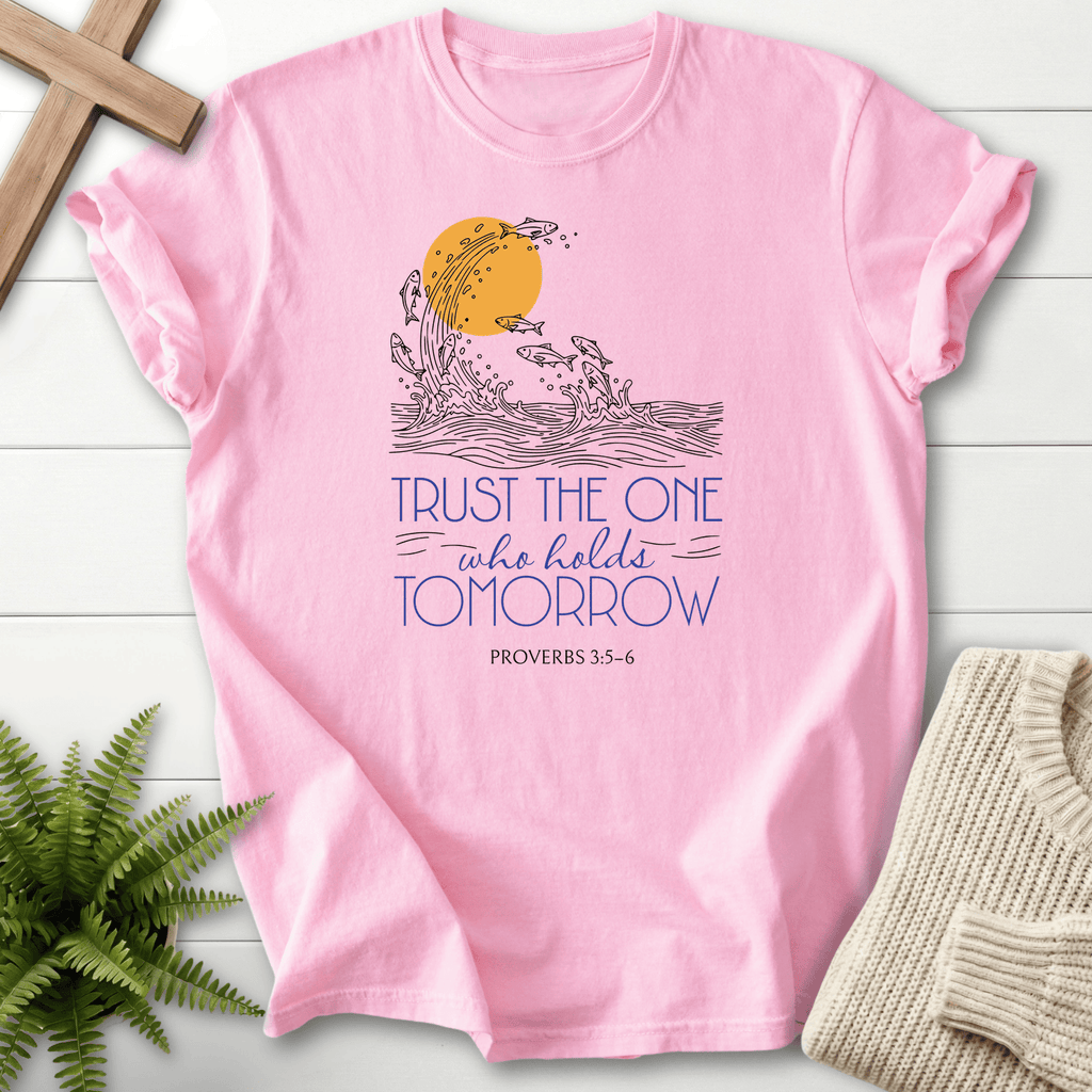 Blossom faith-based tee with leaping fish and sun illustration, inspired by Trust the One who holds Tomorrow, Proverbs 3:5-6.
