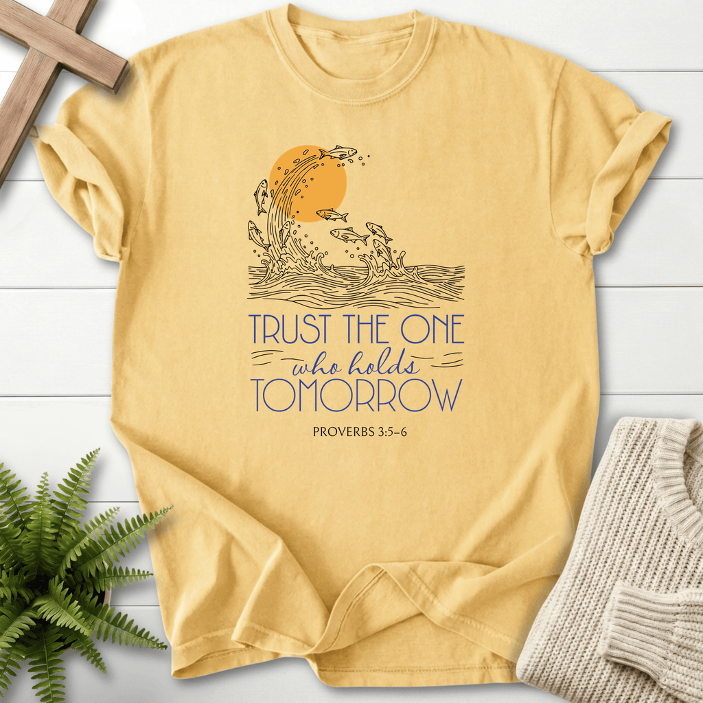 Butter Bible verse tee with line art fish leaping from waves, inspired by Proverbs 3:5-6.