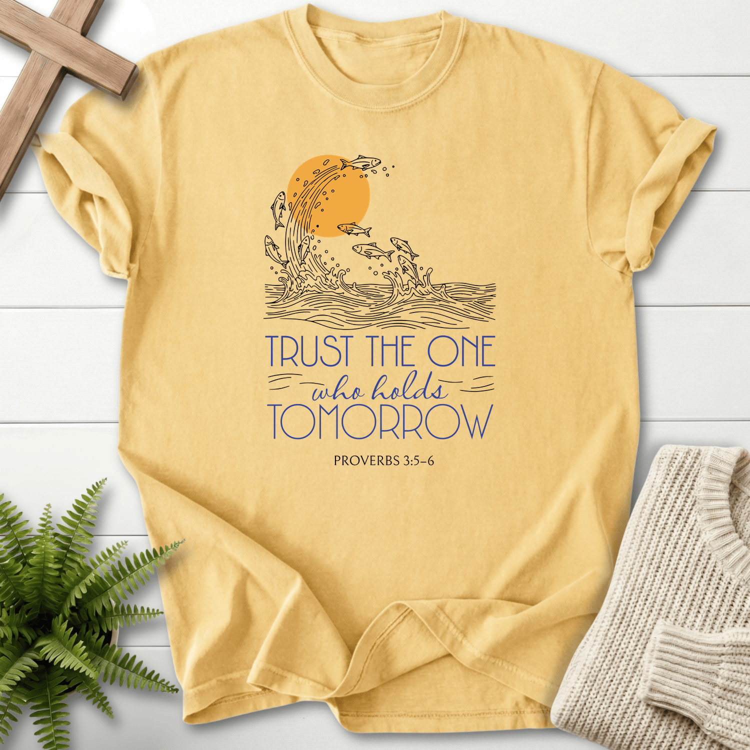 Butter Bible verse tee with line art fish leaping from waves, inspired by Proverbs 3:5-6.