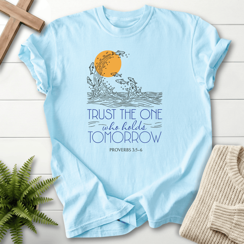 Chambray Christian t-shirt for women with ocean sun motif and Trust the One who holds Tomorrow, Comfort Colors 1717, inspired by Proverbs 3:5-6.