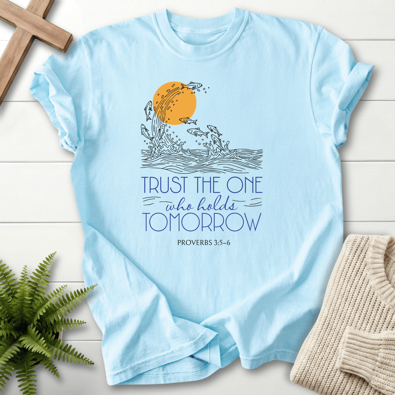 Chambray Christian t-shirt for women with ocean sun motif and Trust the One who holds Tomorrow, Comfort Colors 1717, inspired by Proverbs 3:5-6.
