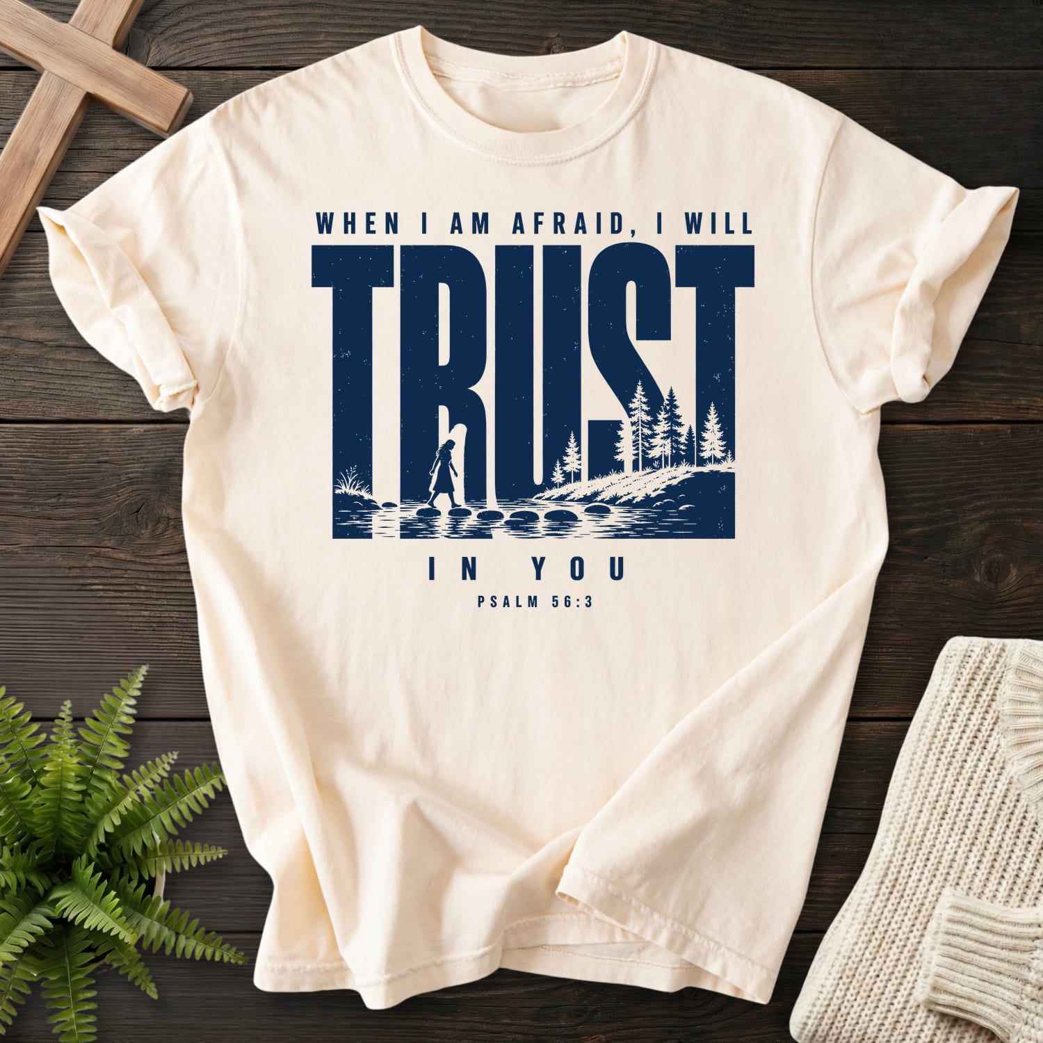 Ivory color option for the Trust When I am Afraid tee with "Trust When I am Afraid T-Shirt" Psalm 56:3 for women's faith apparel from Printify.