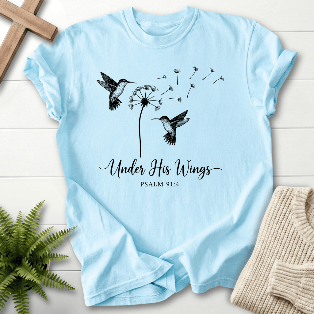 Chambray faith-based tee with delicate hummingbird and dandelion design, inspired by Psalm 91:4.