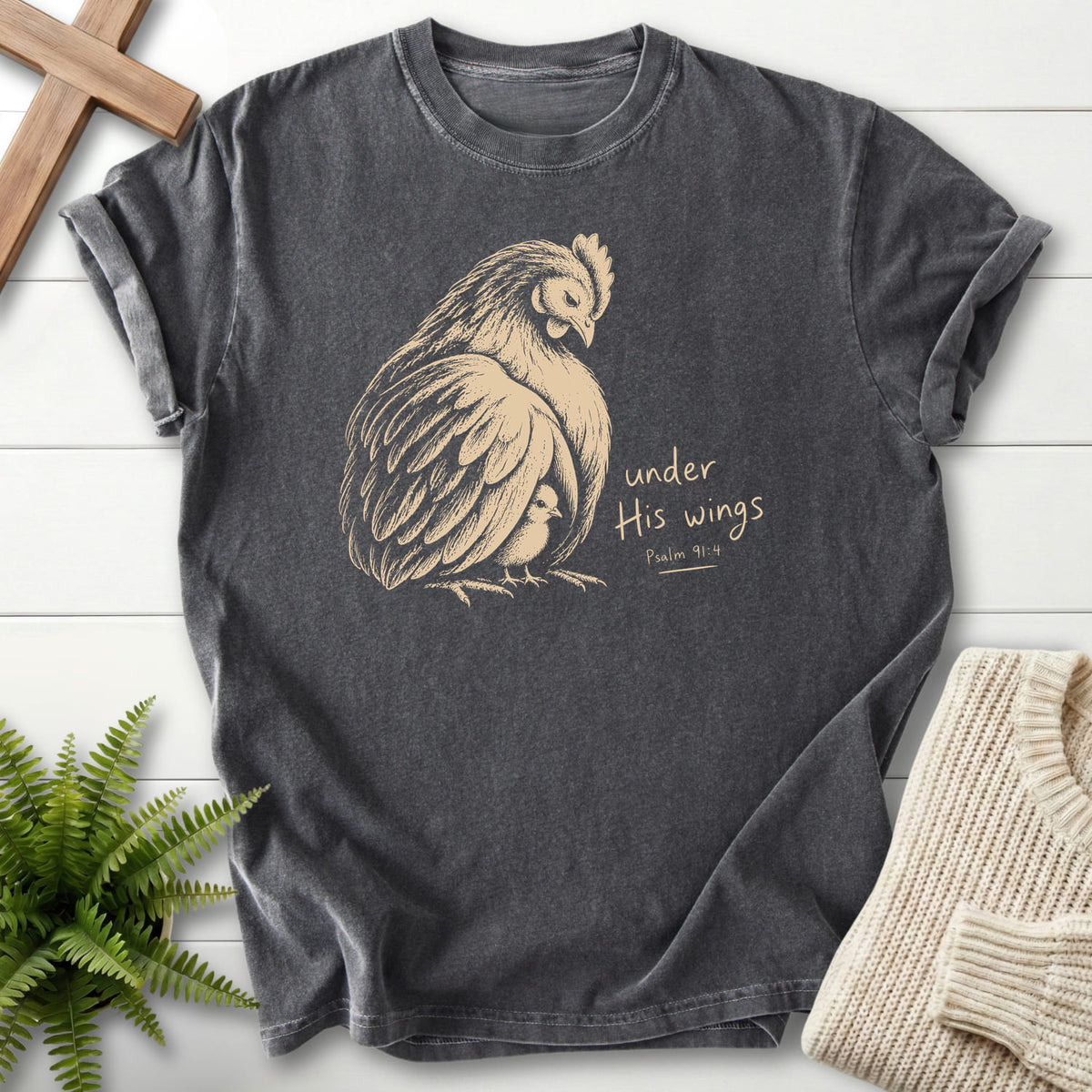 Pepper color option for the Under His Wings Hen and Chick tee with "Under His Wings Hen and Chick T-Shirt" Psalm 91:4 for women's faith apparel.