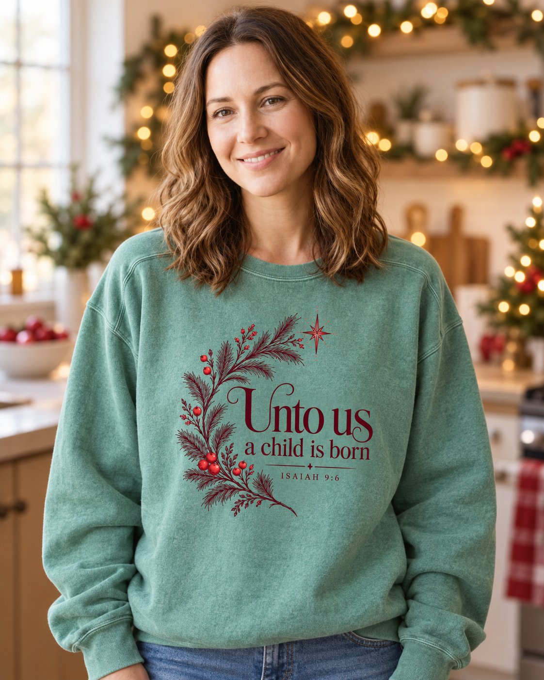 Unto Us a Child Is Born, Light Green women's Christian sweatshirt, lifestyle photo in cozy holiday setting, Maroon evergreen sprig with Unto us a child is born, She Wears Faith