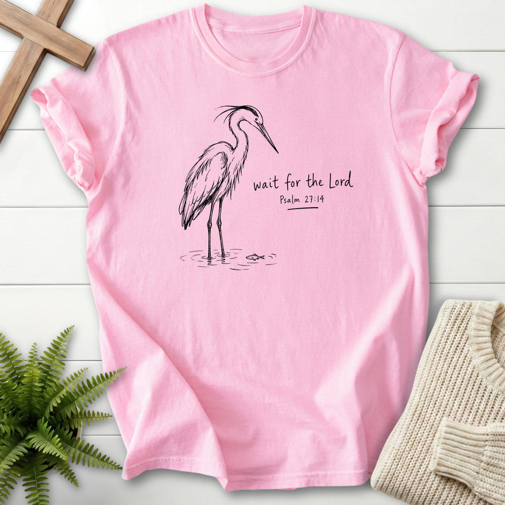 Flatlay of a Blossom Comfort Colors 1717 faith-inspired shirt with "Wait for the Lord Bird T-Shirt" Psalm 27:14.
