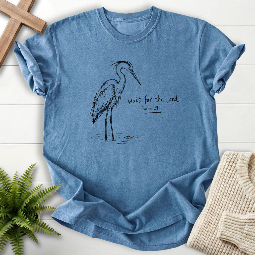 Blue Jean color option for the Wait for the Lord Psalm 27:14 Christian shirt with "Wait for the Lord Bird T-Shirt" Psalm 27:14.