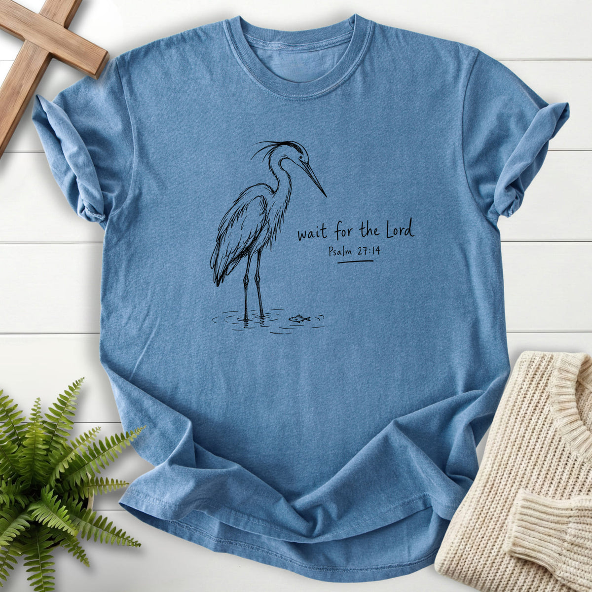 Blue Jean color option for the Wait for the Lord Psalm 27:14 Christian shirt with "Wait for the Lord Bird T-Shirt" Psalm 27:14.