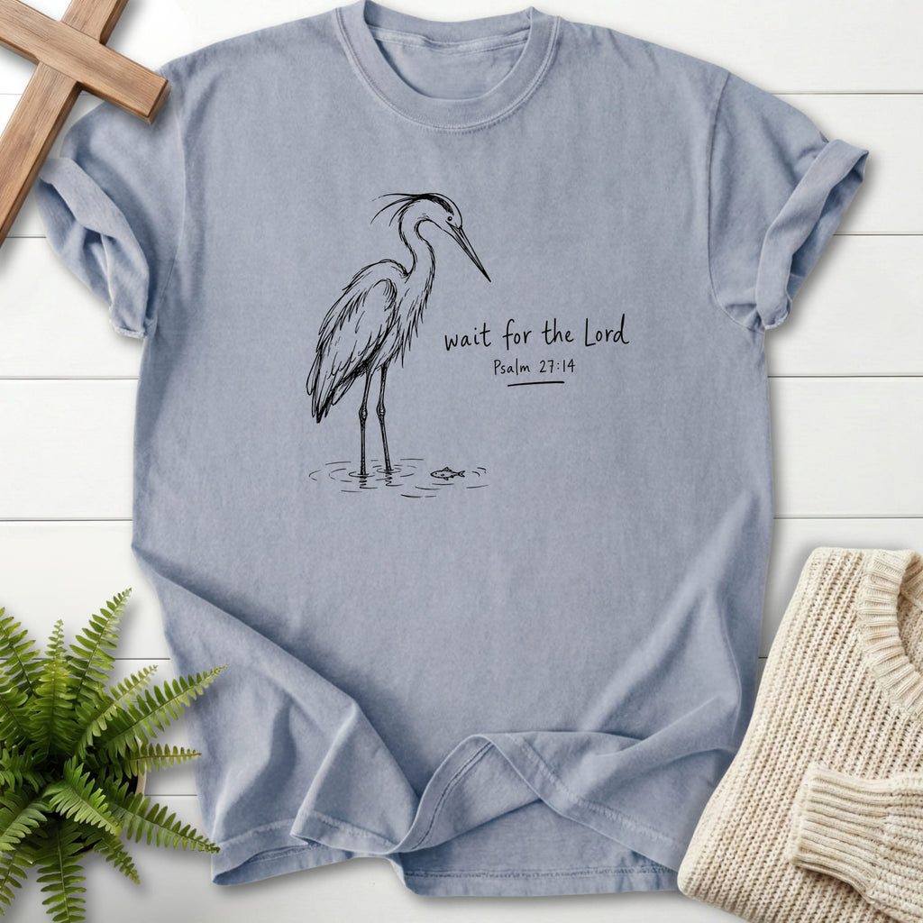Flat lay of a Granite Christian t-shirt for women featuring "Wait for the Lord Bird T-Shirt" Psalm 27:14.