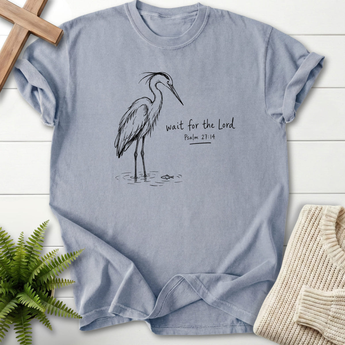 Flat lay of a Granite Christian t-shirt for women featuring "Wait for the Lord Bird T-Shirt" Psalm 27:14.