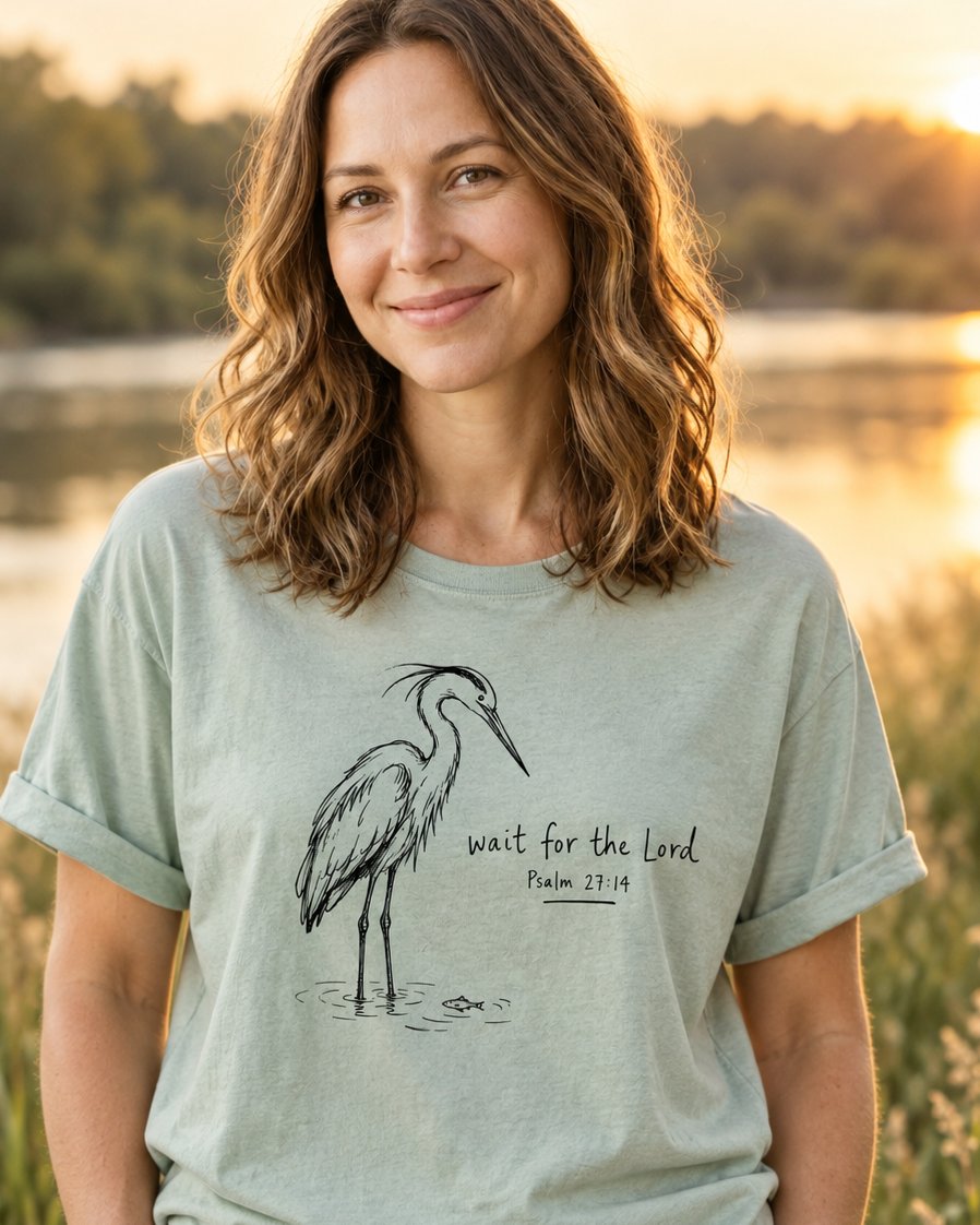 Wait For The Lord Psalm 27:14, Bay women's Christian tee, lifestyle photo in lakeside setting, Sketched heron standing in still water with a tiny fish, Psalm 27:14, She Wears Faith