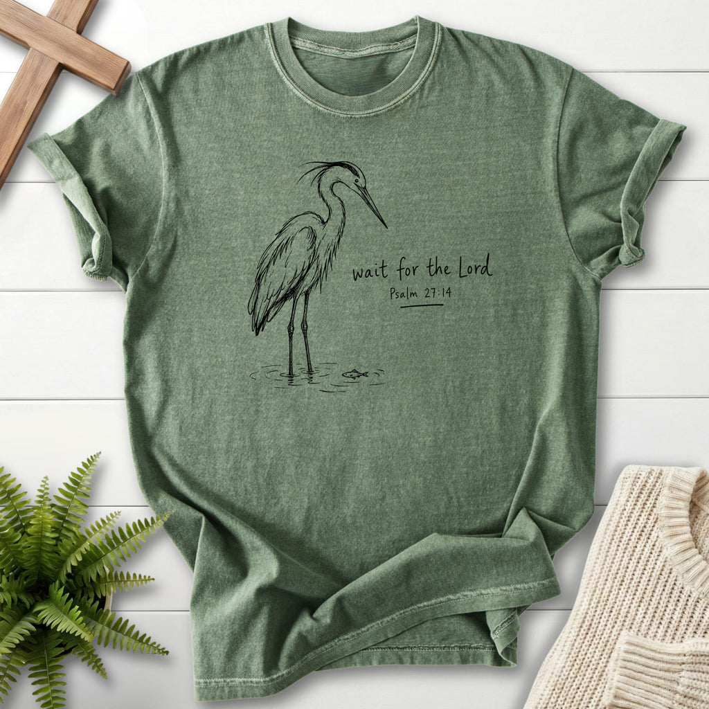 Moss color option for the Wait for the Lord Psalm 27:14 Scripture shirt with "Wait for the Lord Bird T-Shirt" Psalm 27:14.