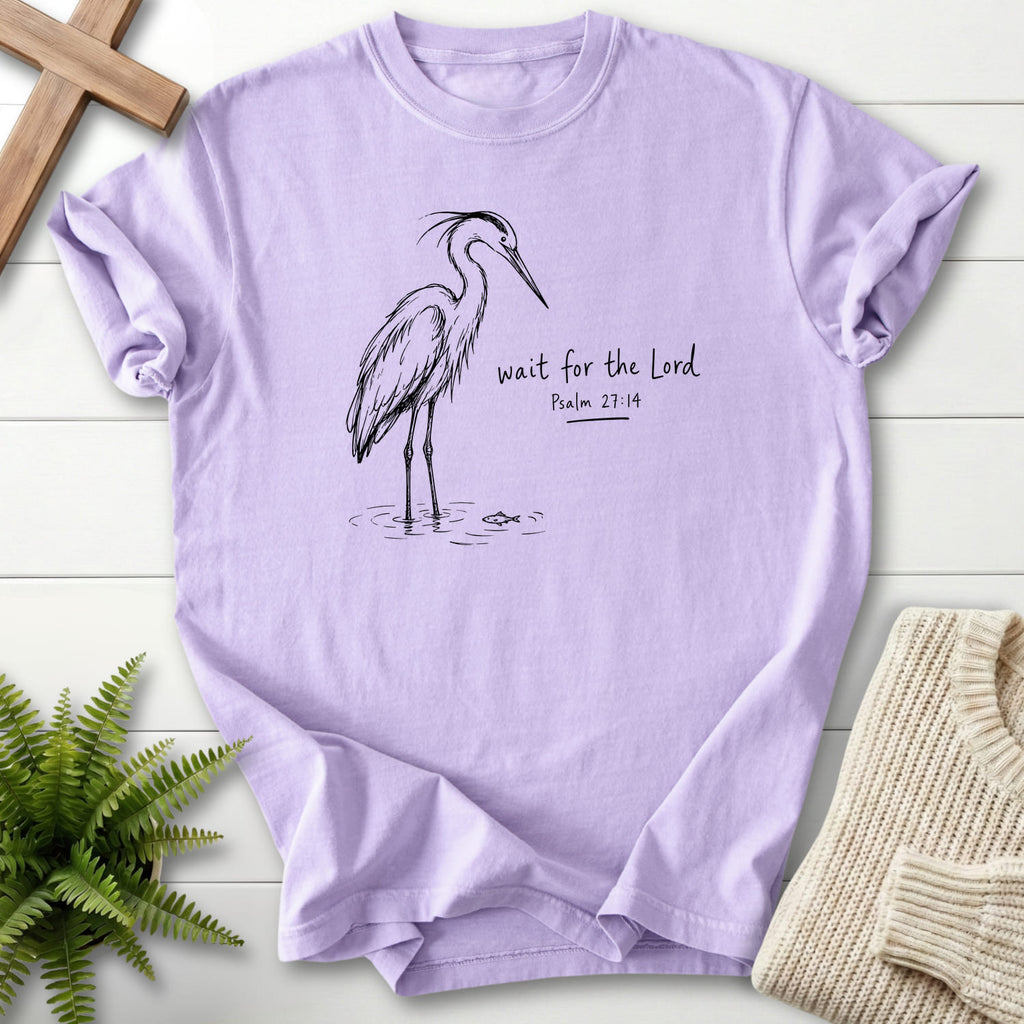 Flat lay of an Orchid Bible verse tee featuring "Wait for the Lord Bird T-Shirt" Psalm 27:14.