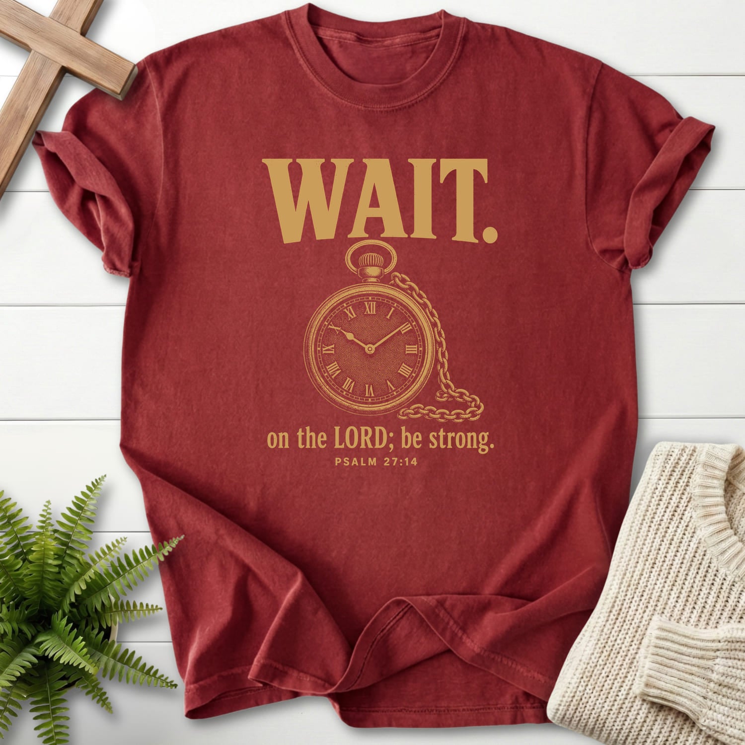 Flat lay of a Brick Bible verse tee featuring "Wait on the Lord Psalm 27 T-Shirt" Psalm 27:14.