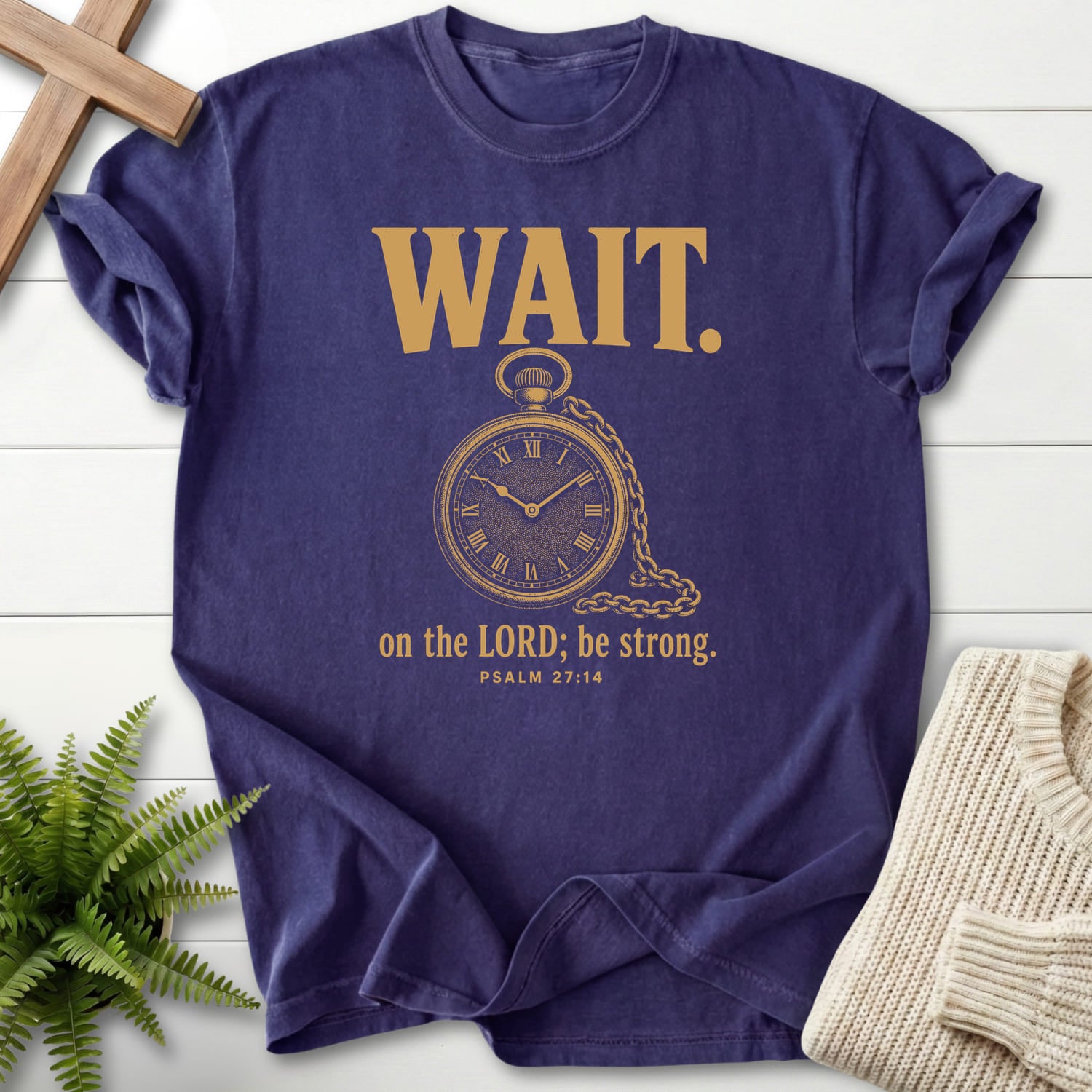 Grape color option for the Wait on the Lord Psalm 27 tee with "Wait on the Lord Psalm 27 T-Shirt" Psalm 27:14 from Printify.