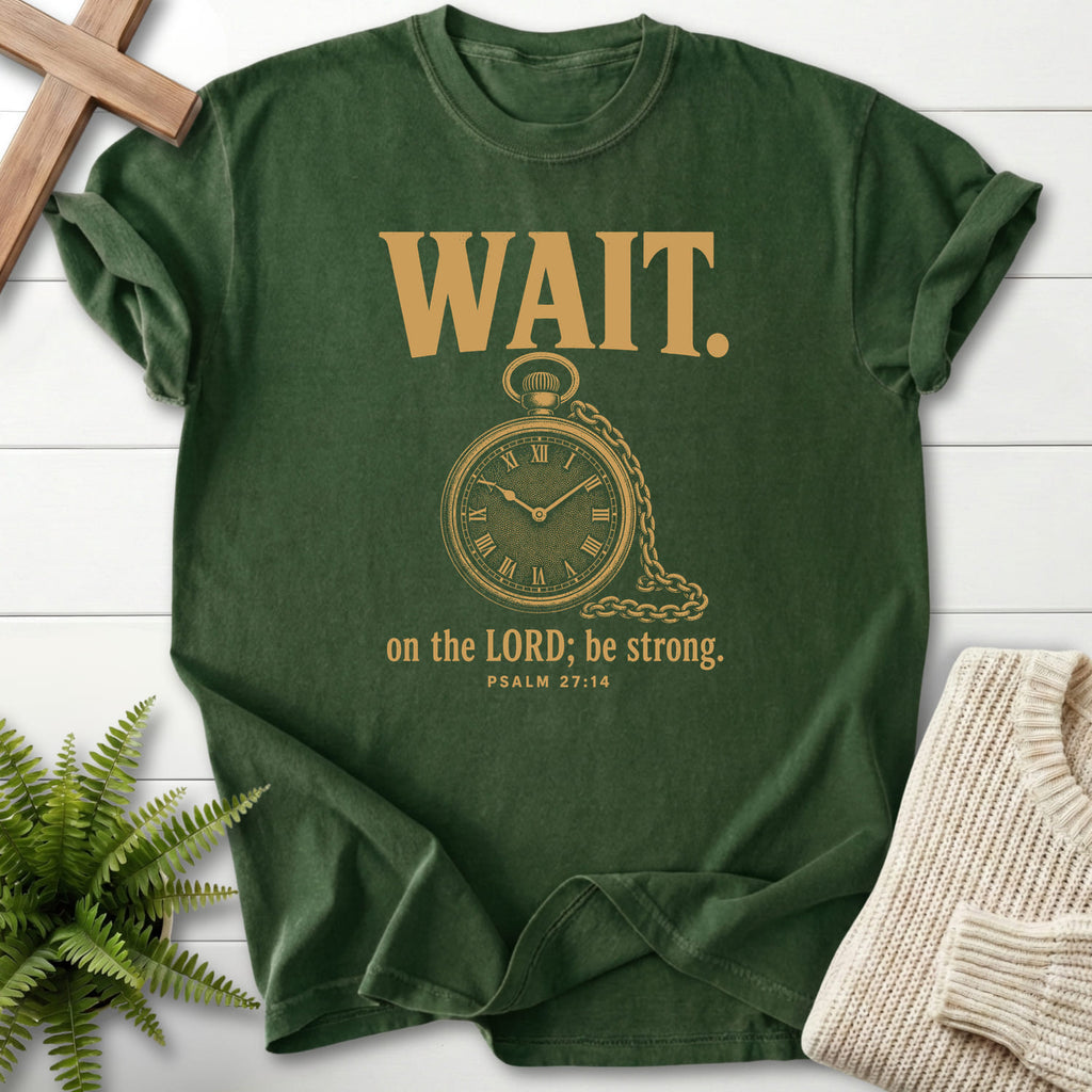 Hemp color option for the Wait on the Lord Psalm 27 garment-dyed Christian tee with "Wait on the Lord Psalm 27 T-Shirt" Psalm 27:14 From Printify.