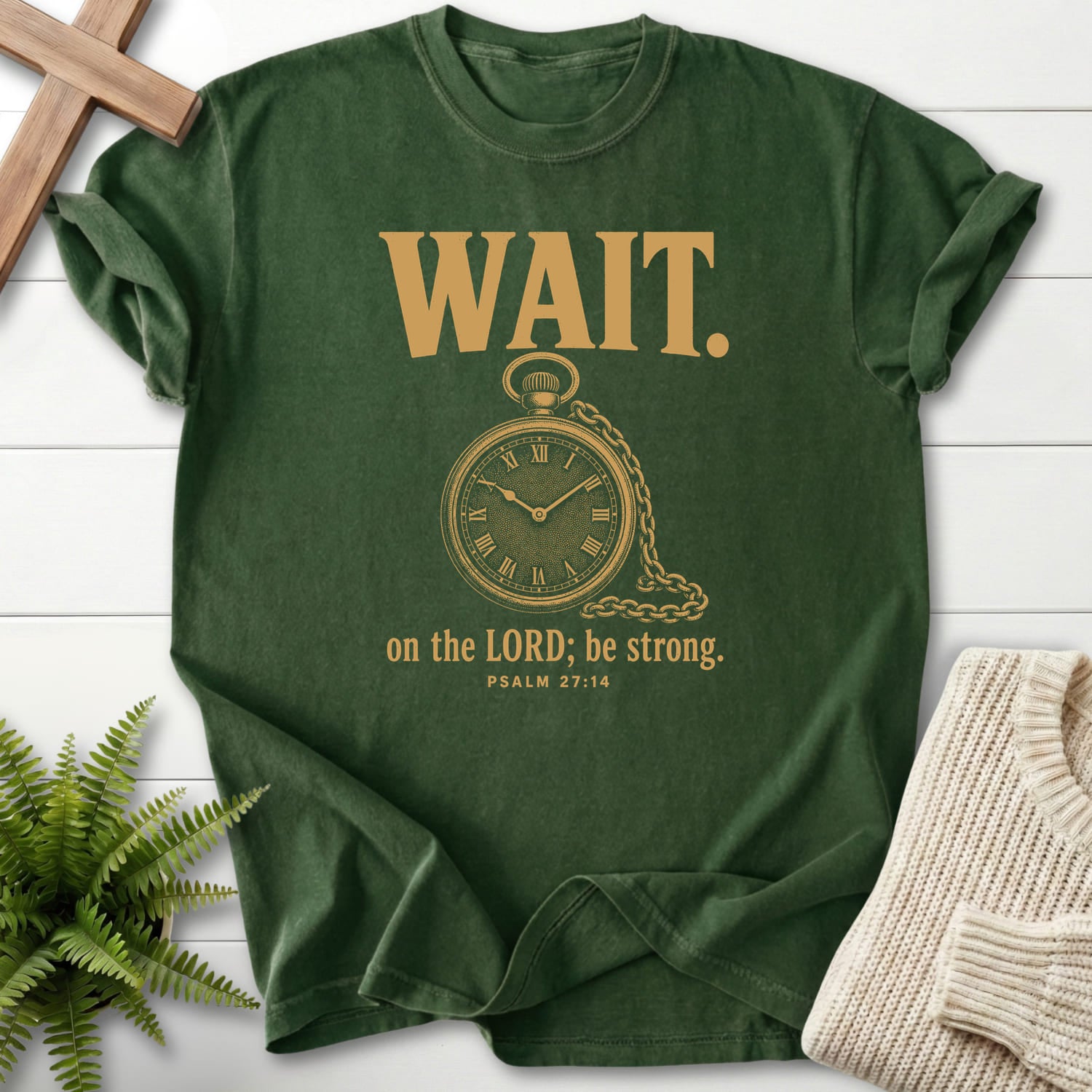 Hemp color option for the Wait on the Lord Psalm 27 garment-dyed Christian tee with "Wait on the Lord Psalm 27 T-Shirt" Psalm 27:14 From Printify.