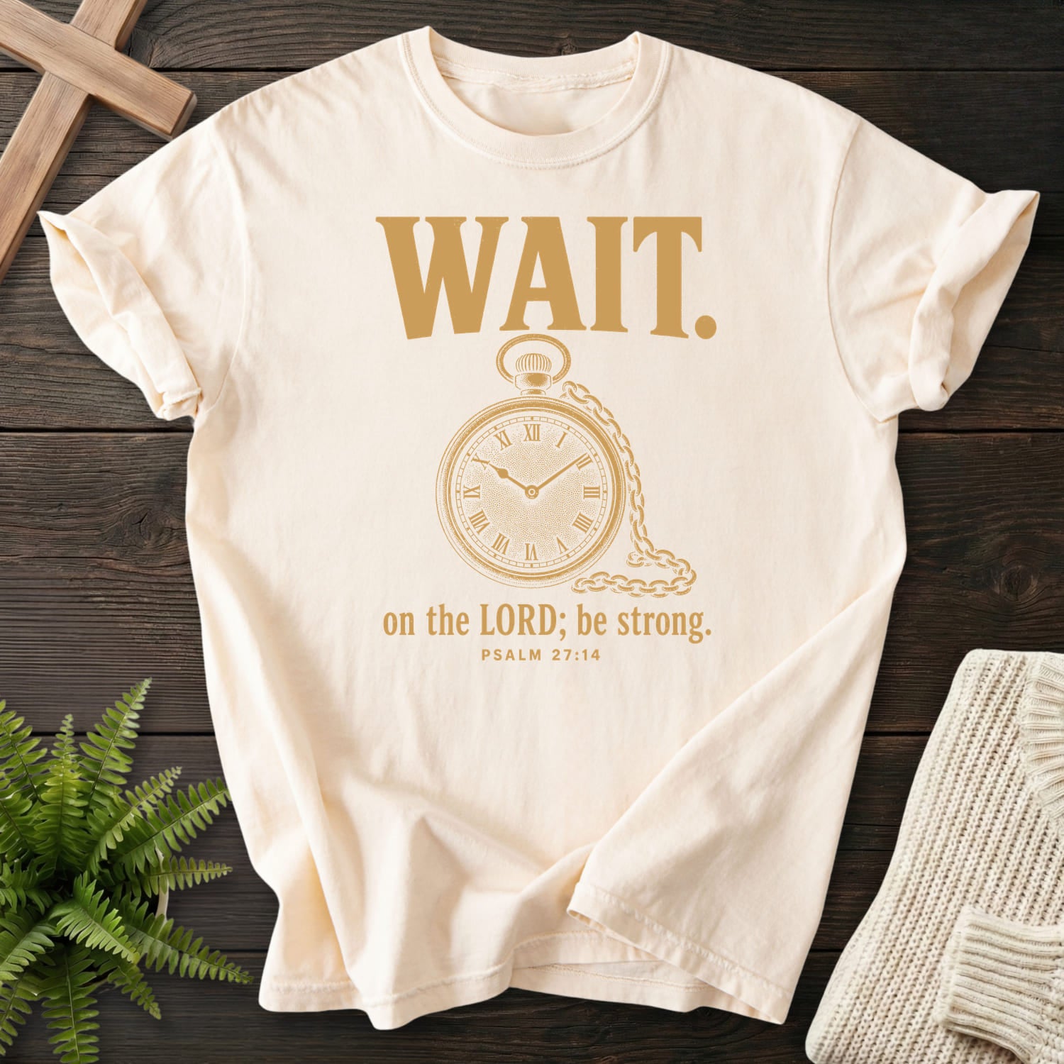 Flat lay of an Ivory Comfort Colors 1717 Christian graphic tee featuring "Wait on the Lord Psalm 27 T-Shirt" Psalm 27:14.
