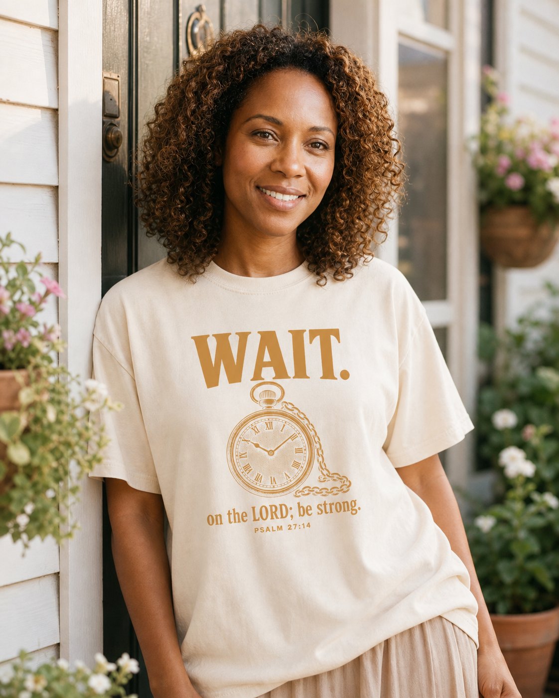 Wait on the Lord Psalm 27 – Ivory women's Christian tee, lifestyle photo in cottage doorway – Antique pocket watch with bold WAIT lettering – Psalm 27:14 – She Wears Faith