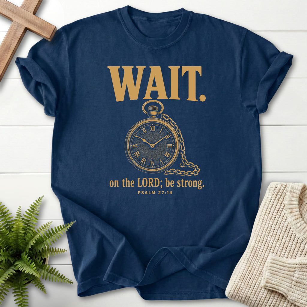 Flatlay of a Navy women's Christian tee with "Wait on the Lord Psalm 27 T-Shirt" Psalm 27:14.