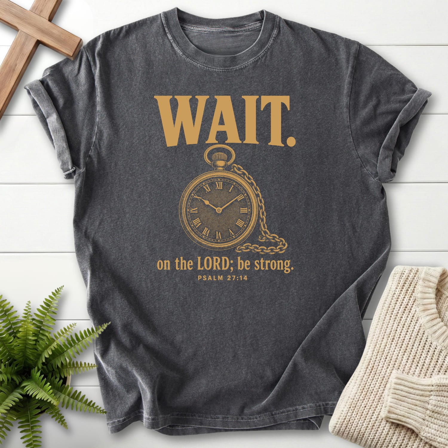 Pepper color option for the Wait on the Lord Psalm 27 faith-inspired shirt with "Wait on the Lord Psalm 27 T-Shirt" Psalm 27:14.