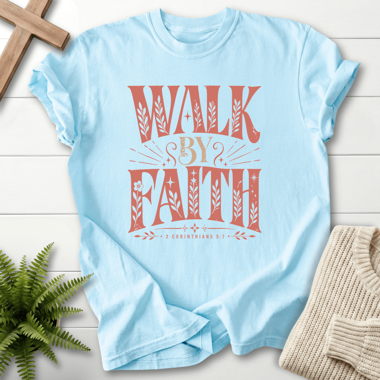 Walk By Faith 2 Corinthians 5:7 T-Shirt in Chambray | She Wears Faith
