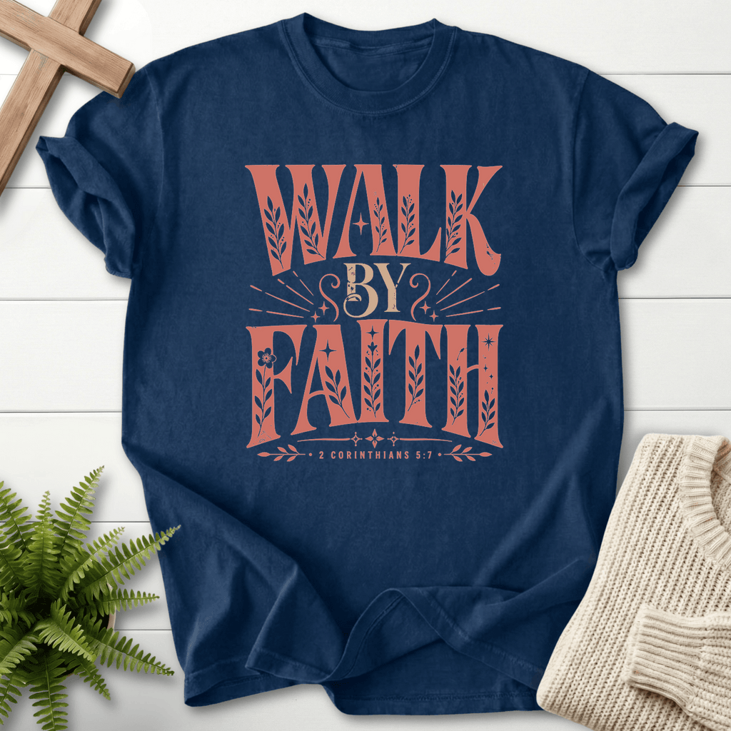 Walk By Faith 2 Corinthians 5:7 T-Shirt in Navy | She Wears Faith