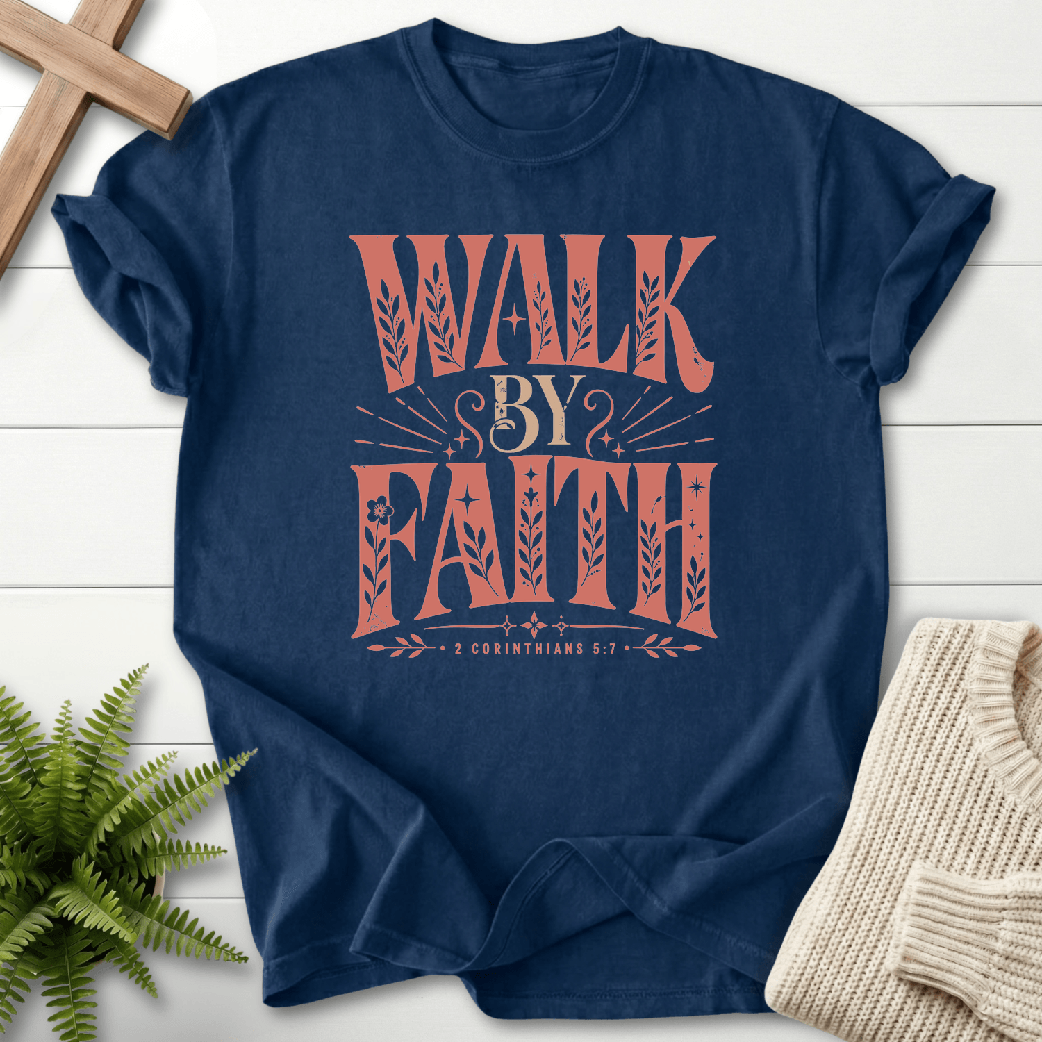 Walk By Faith 2 Corinthians 5:7 T-Shirt in Navy | She Wears Faith