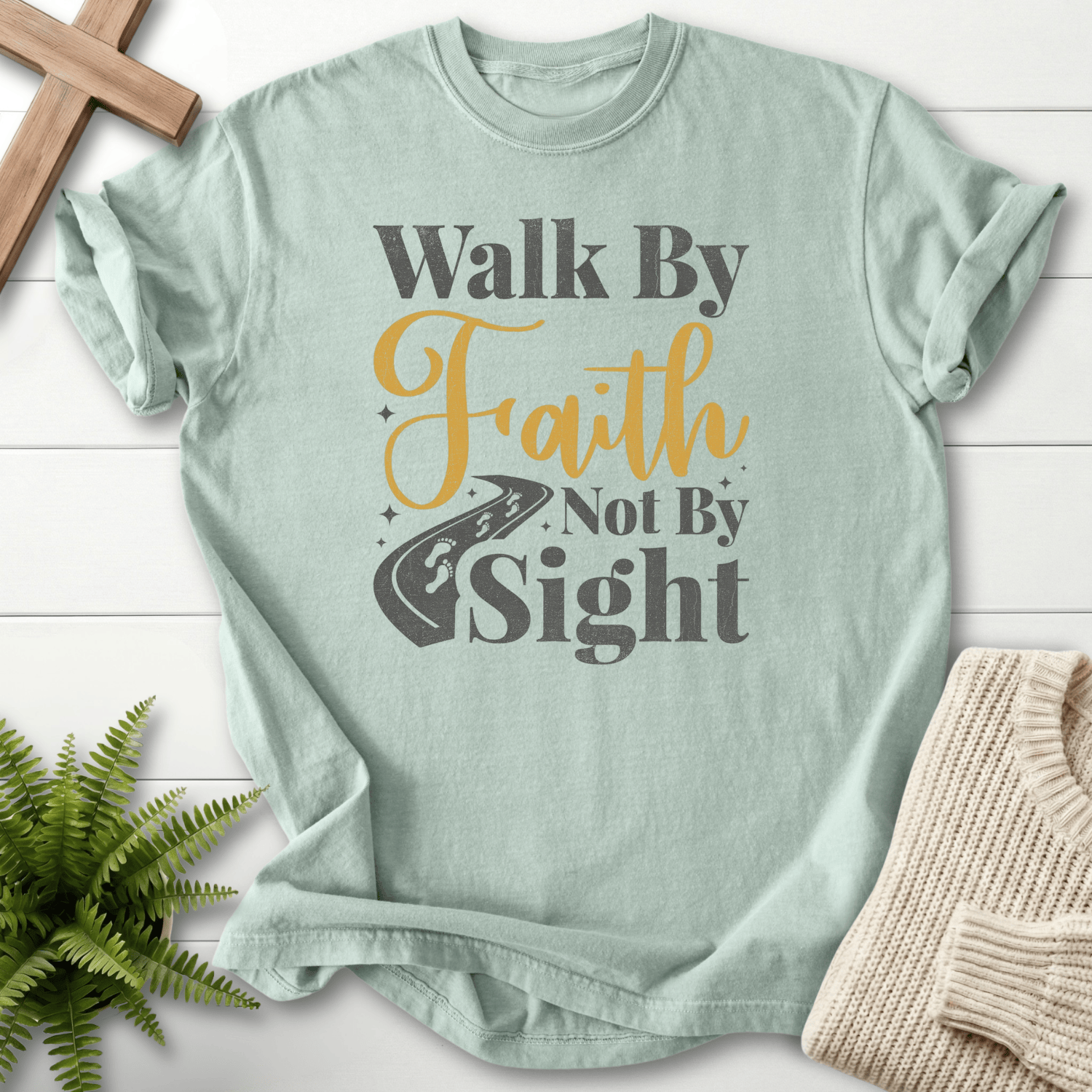 Bay Bible verse tee with gold script and gray block Walk By Faith Not By Sight text, inspired by 2 Corinthians 5:7.