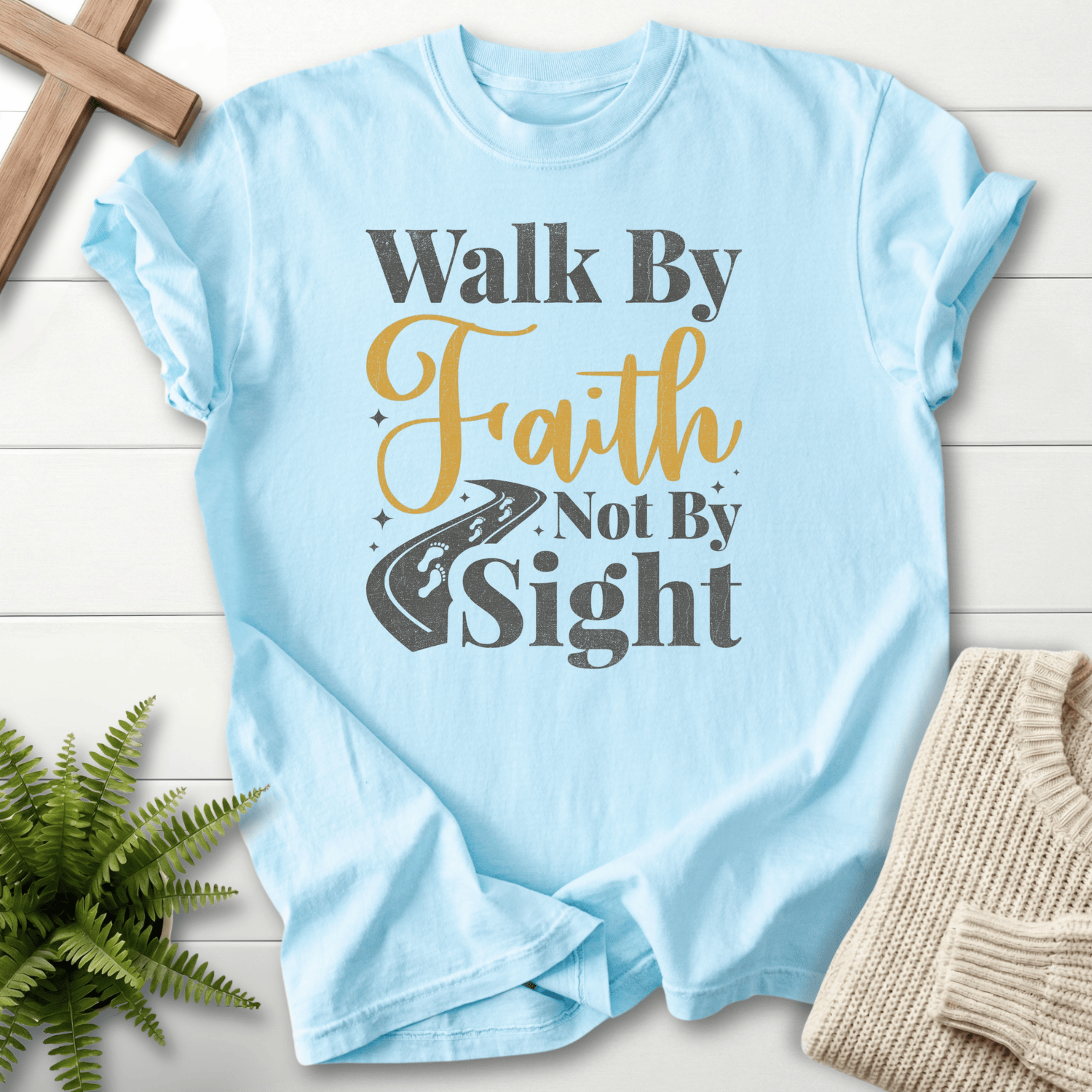 Chambray Christian t-shirt for women with Walk By Faith Not By Sight lettering and sparkle accents, inspired by 2 Corinthians 5:7.