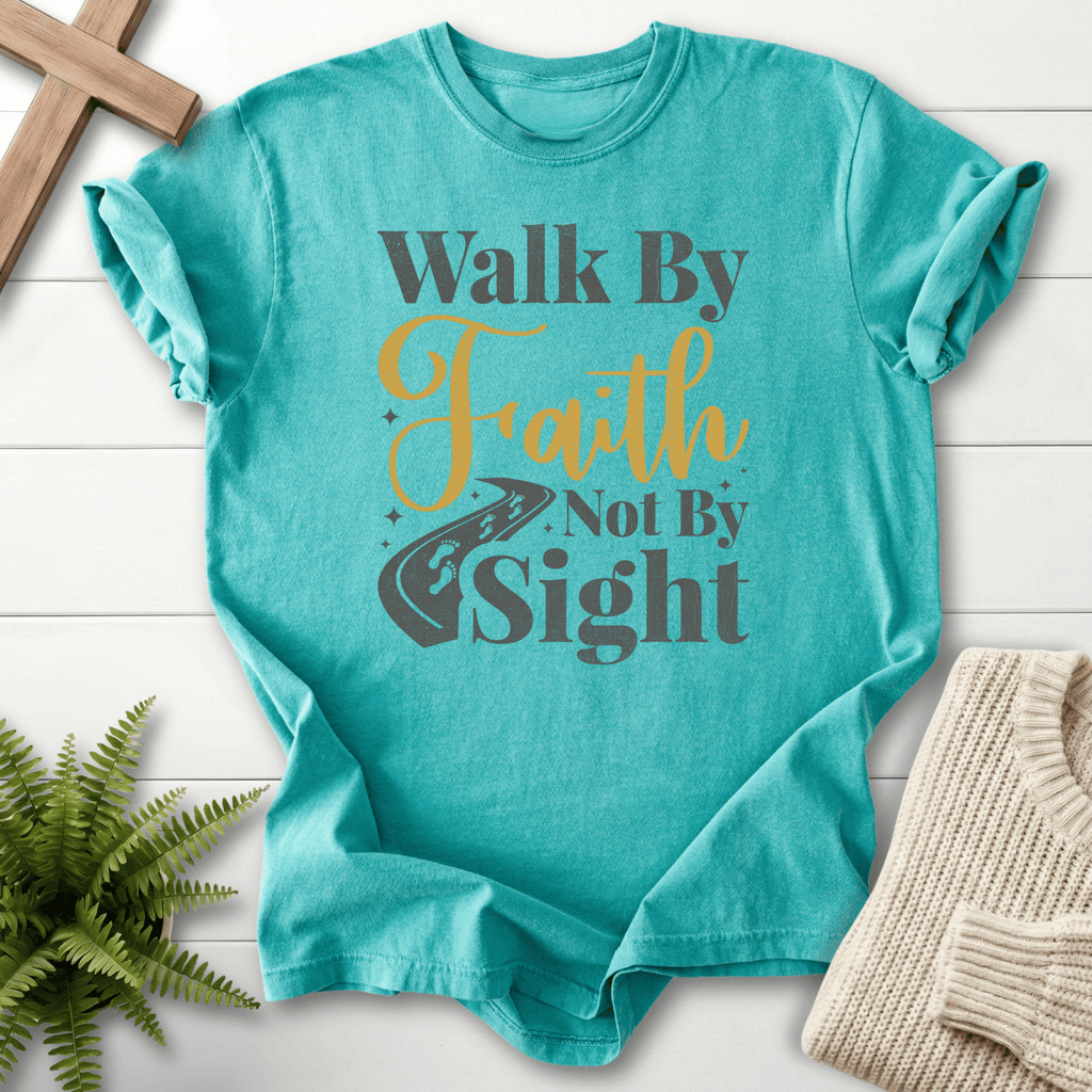 Seafoam Scripture shirt with Walk By Faith Not By Sight lettering and road illustration, Comfort Colors 1717, inspired by 2 Corinthians 5:7.
