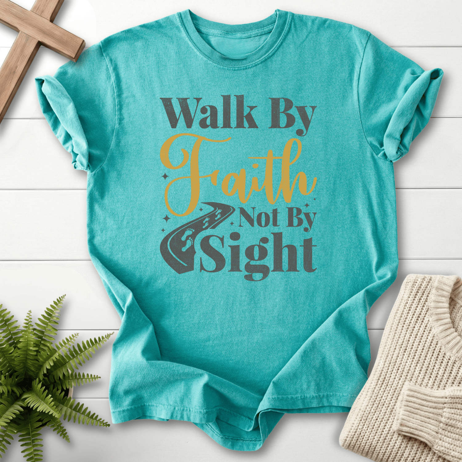 Seafoam Scripture shirt with Walk By Faith Not By Sight lettering and road illustration, Comfort Colors 1717, inspired by 2 Corinthians 5:7.