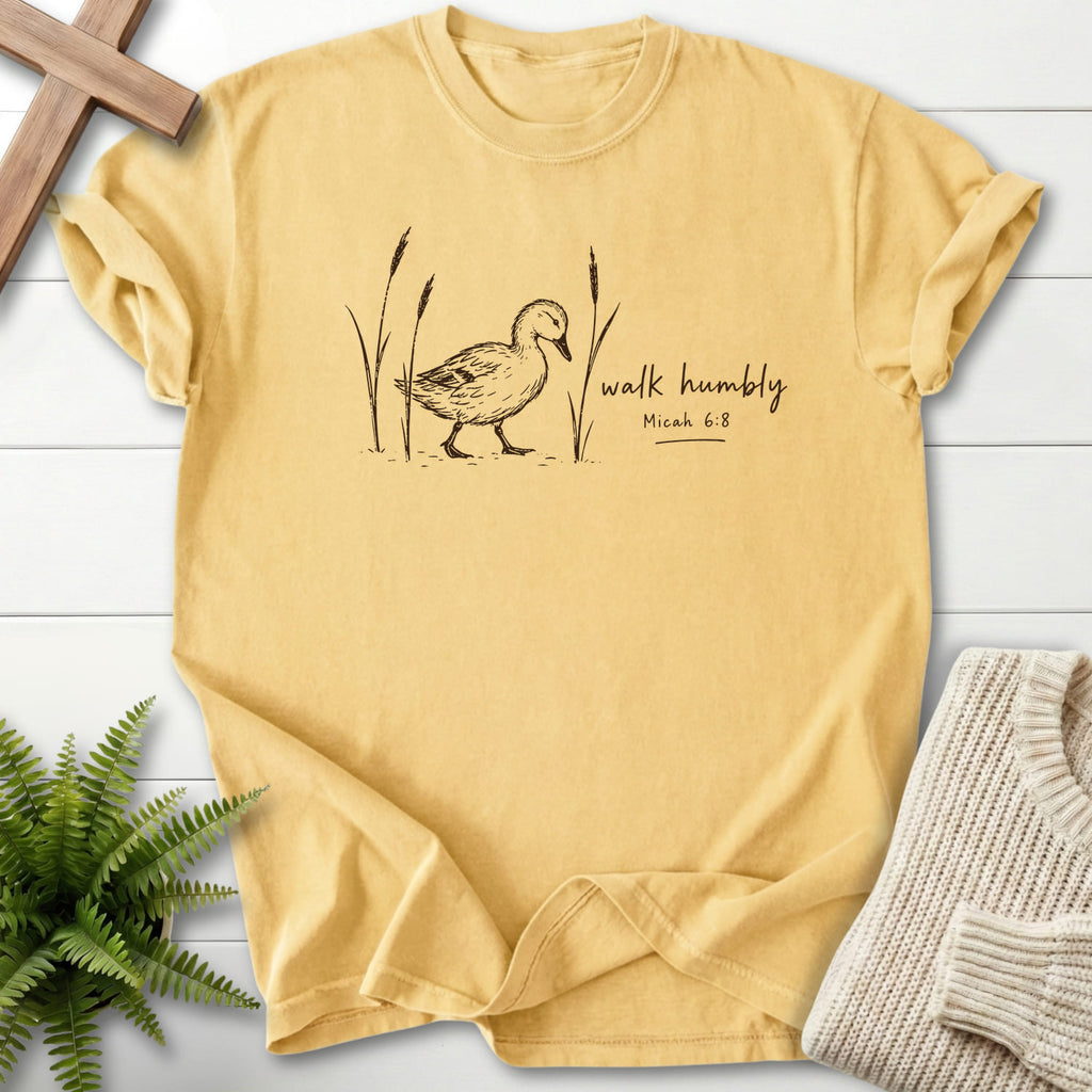 Butter color option for the Walk Humbly Duck Micah 6:8 tee with "Walk Humbly Duck Micah 6:8 T-Shirt" Micah 6:8 for women's faith apparel.